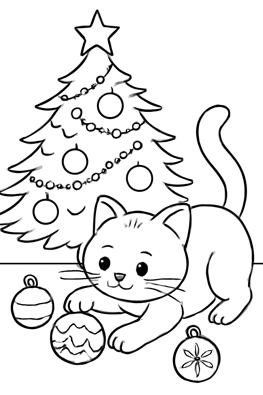 Free printable cat playing with ornaments under a Christmas tree coloring page for kids
