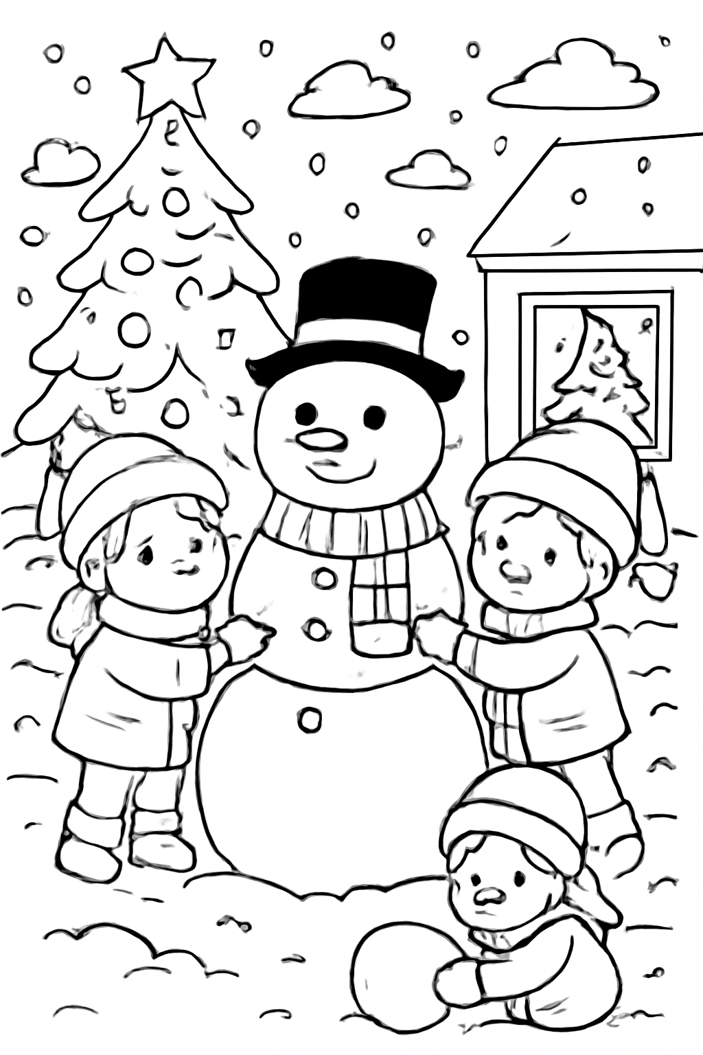 Free printable children building a snowman on Christmas morning coloring page for kids