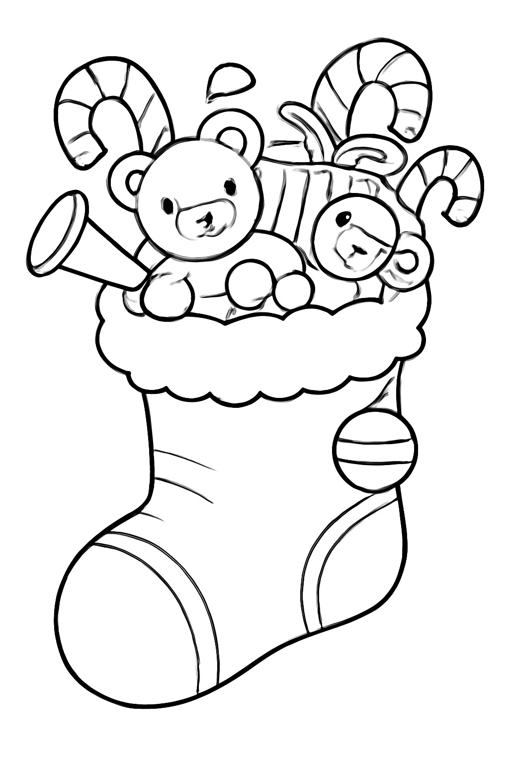 Free printable Christmas stocking overflowing with toys and candy canes coloring page for kids