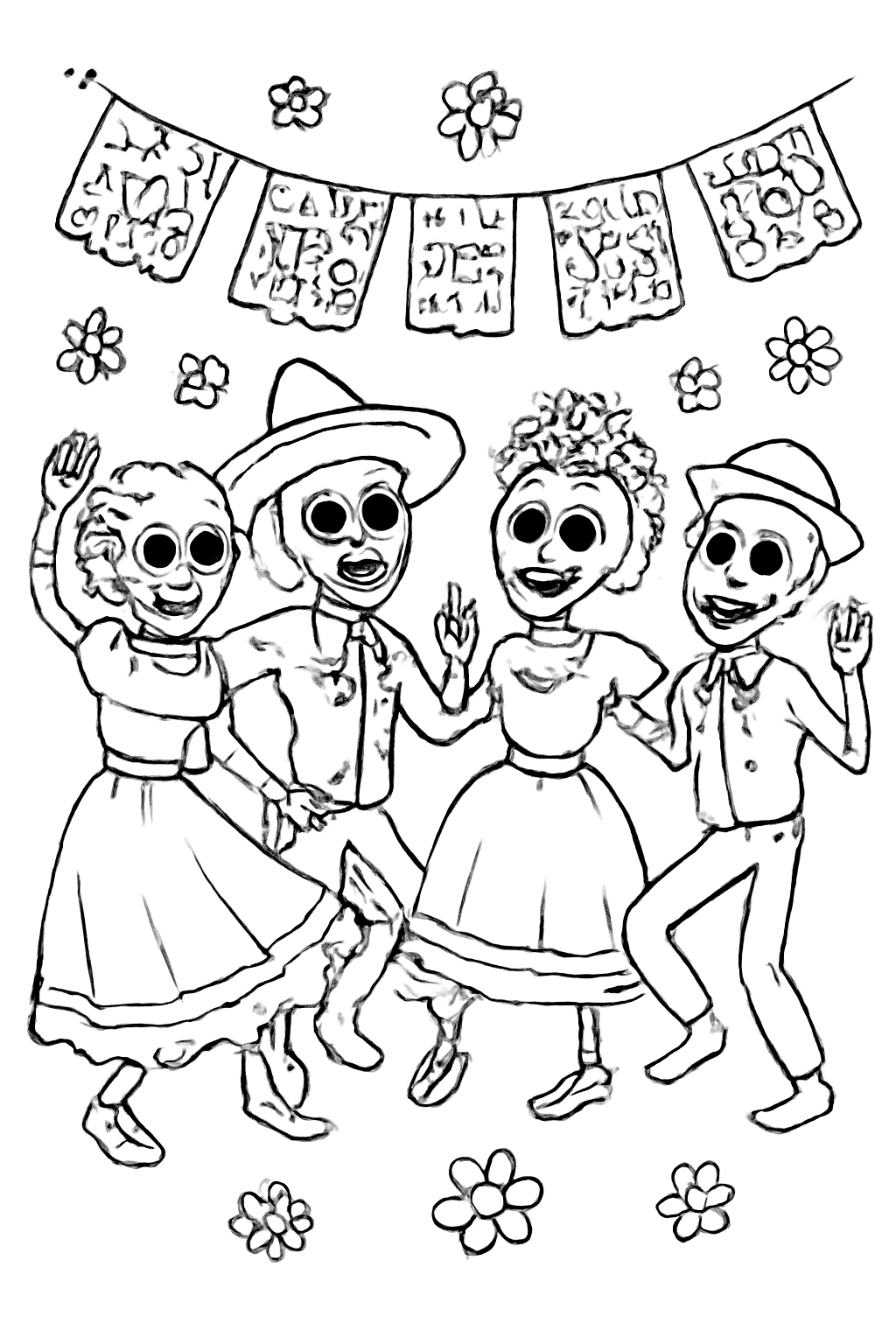 Free printable friendly skeleton dancers in festive clothes for Día de los Muertos coloring page for kids
