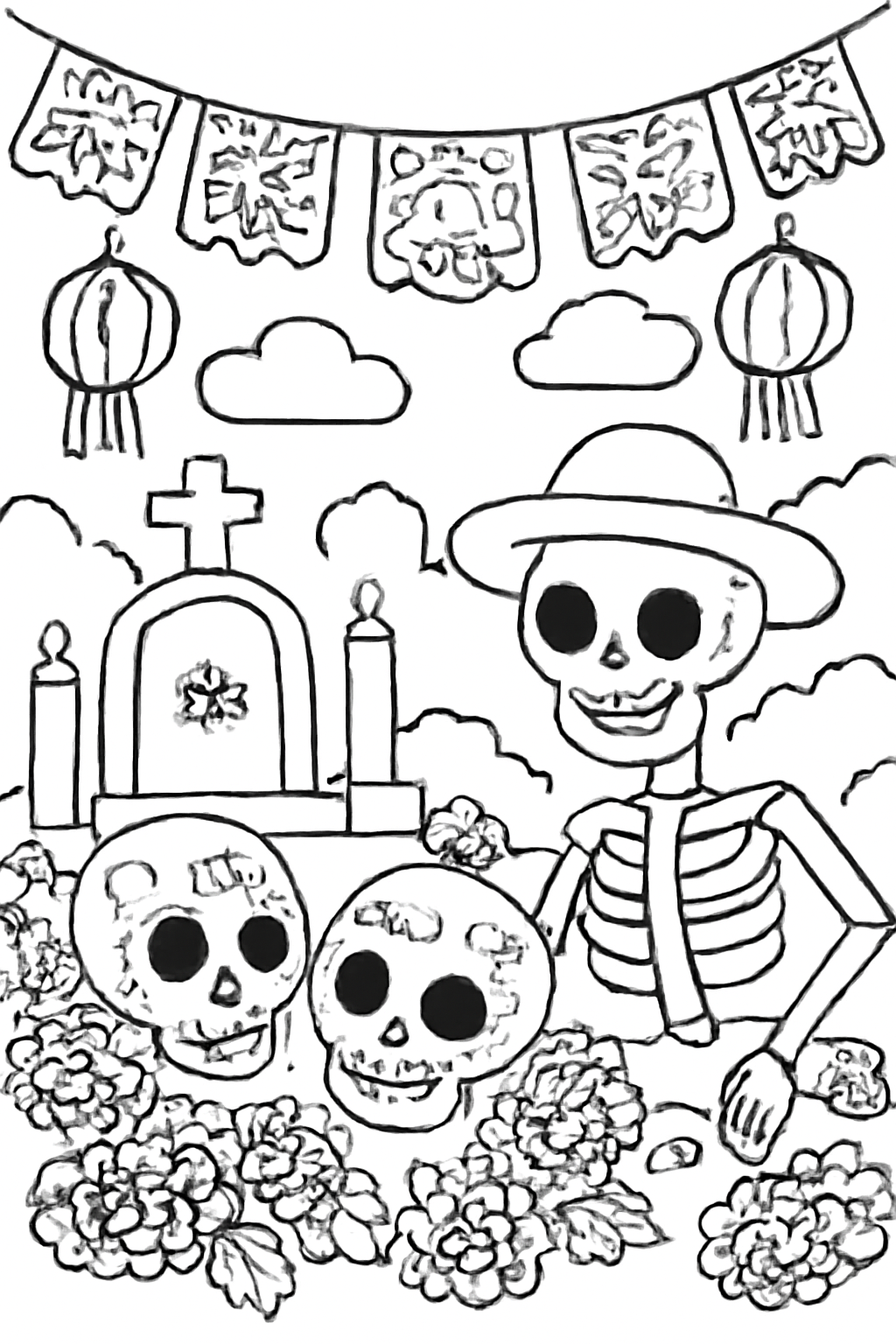 Free printable Día de los Muertos cemetery celebration with marigolds lanterns and papel picado coloring page