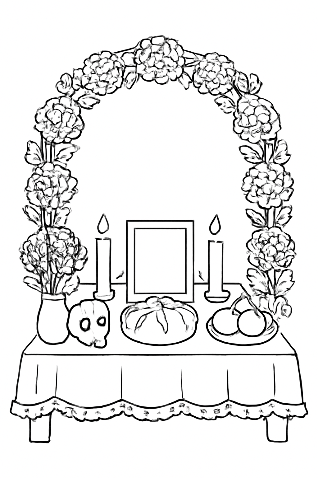 Free printable Día de los Muertos altar arch of marigolds coloring page for kids