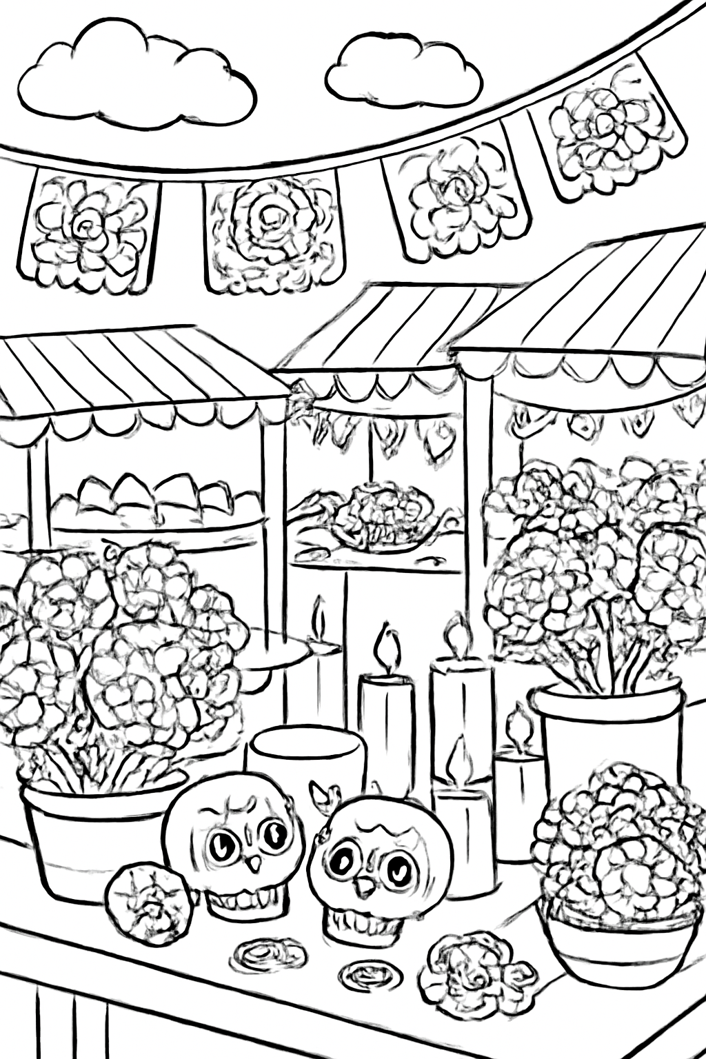 Free printable Día de los Muertos market with candles and flowers coloring page for kids