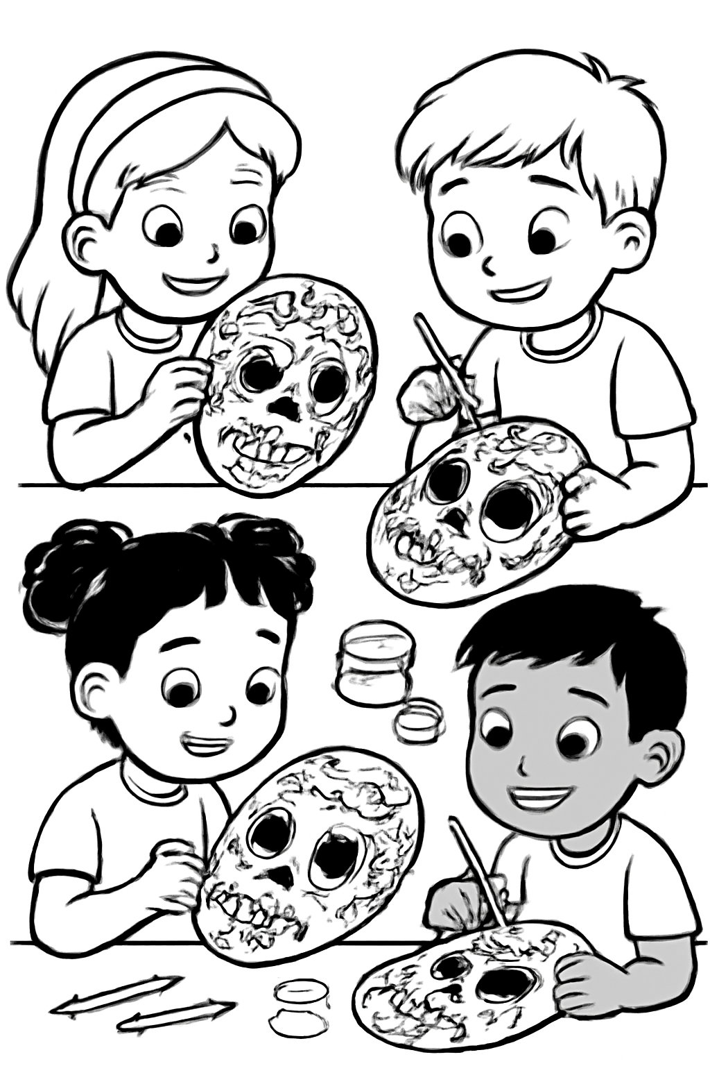 Free printable children painting sugar skull masks for Día de los Muertos coloring page for kids