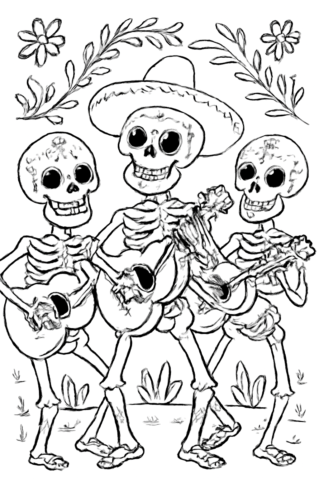 Free printable friendly skeleton musicians playing guitars for Día de los Muertos coloring page for kids