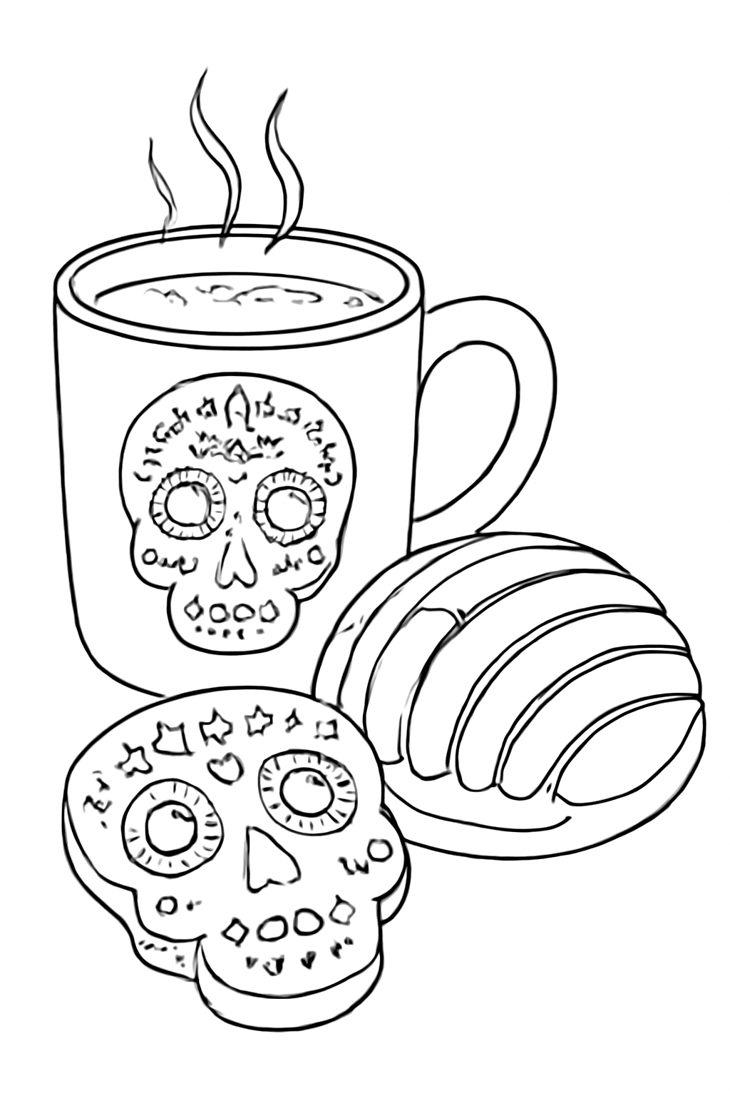 Free printable Día de los Muertos hot chocolate and pan dulce coloring page for kids