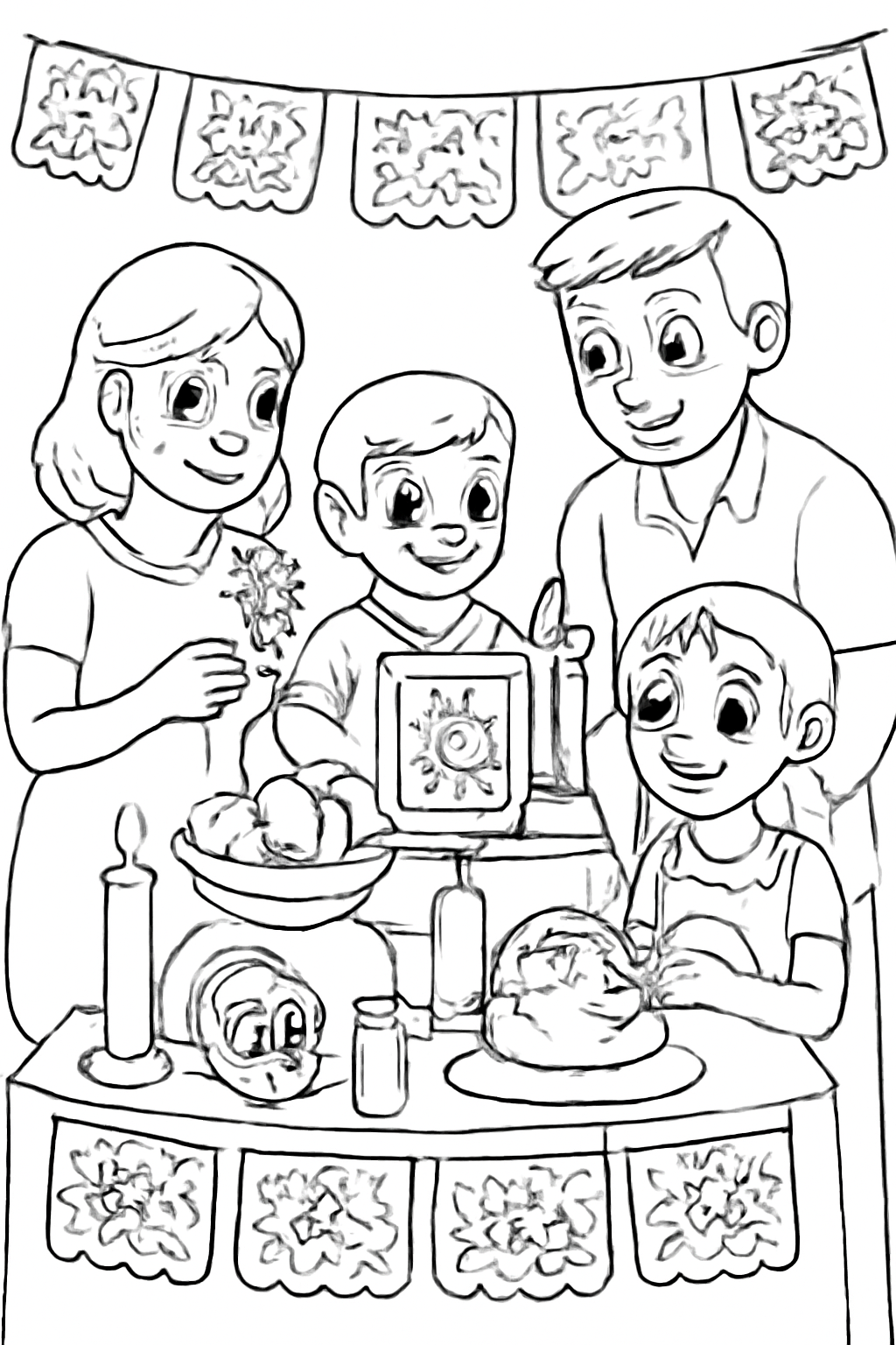 Free printable family preparing an ofrenda together for Día de los Muertos coloring page