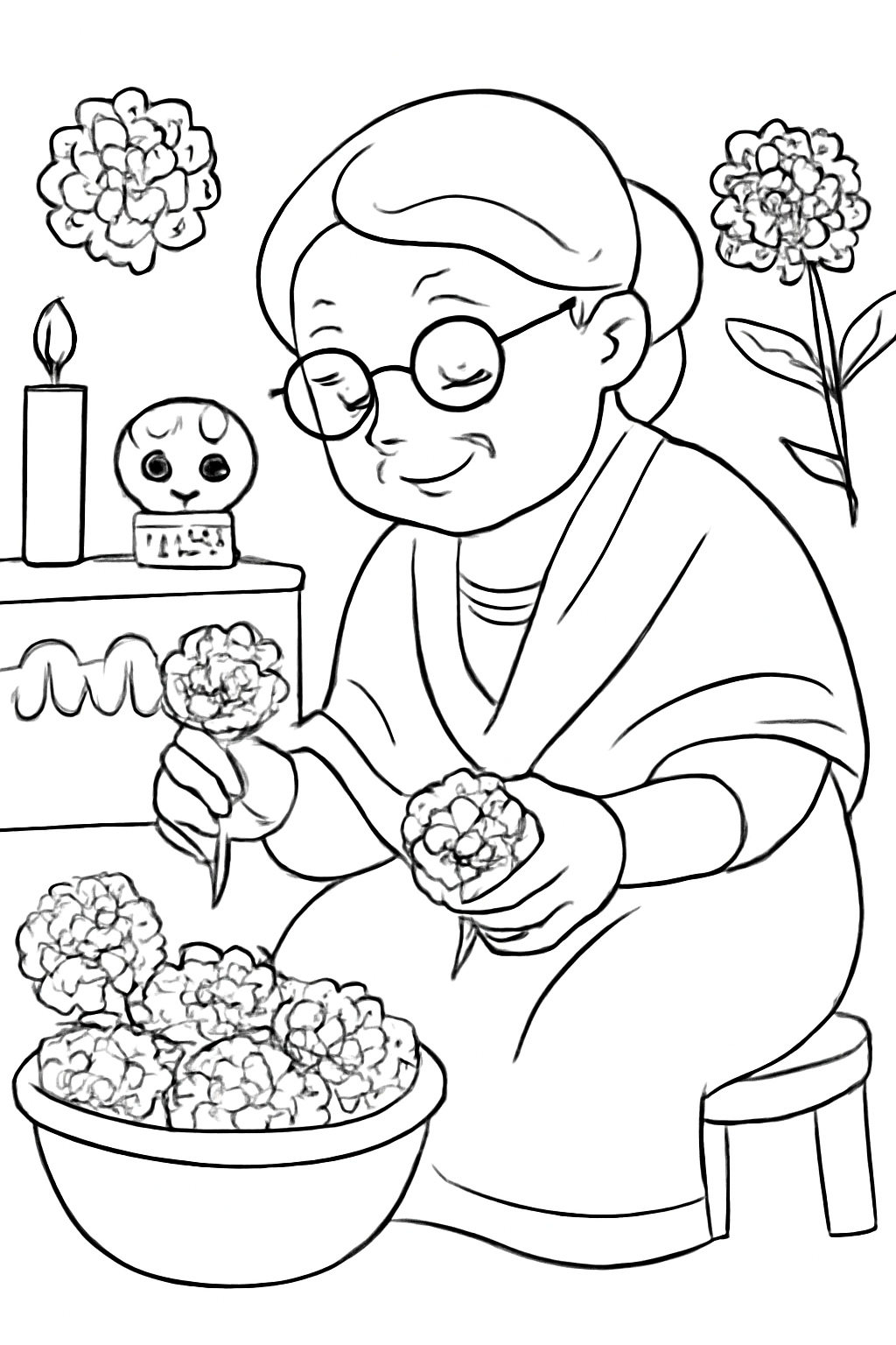 Free printable grandmother arranging marigolds for Día de los Muertos coloring page for kids