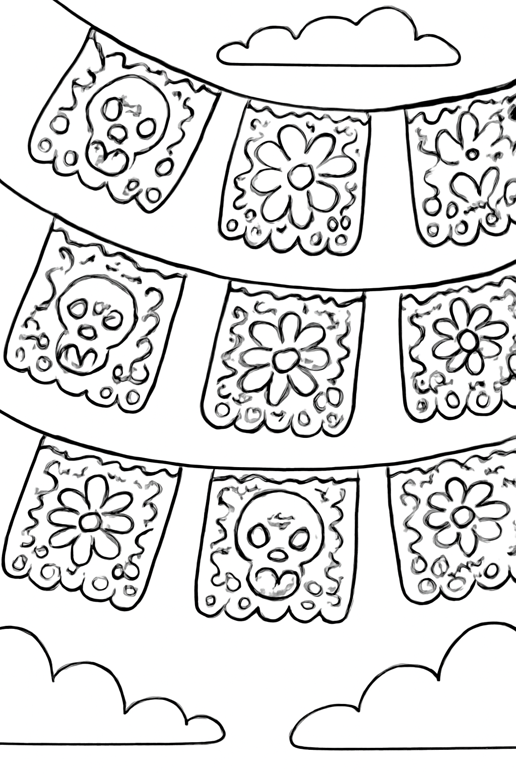 Free printable papel picado banners fluttering for Día de los Muertos coloring page for kids