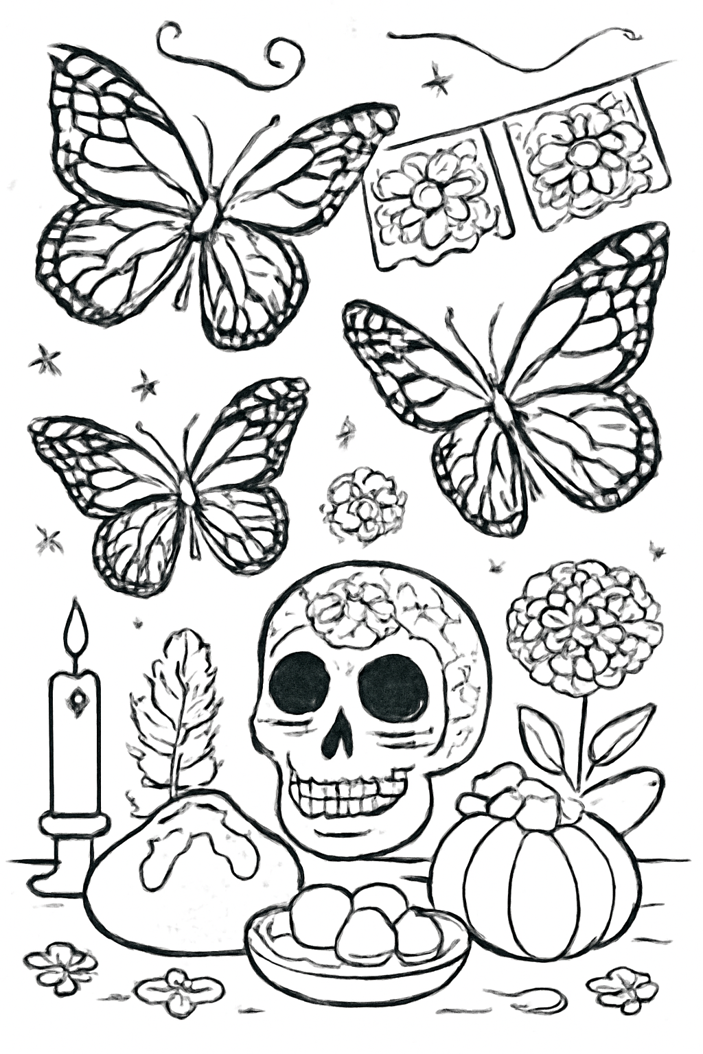 Free printable monarch butterflies arriving for Día de los Muertos coloring page for kids