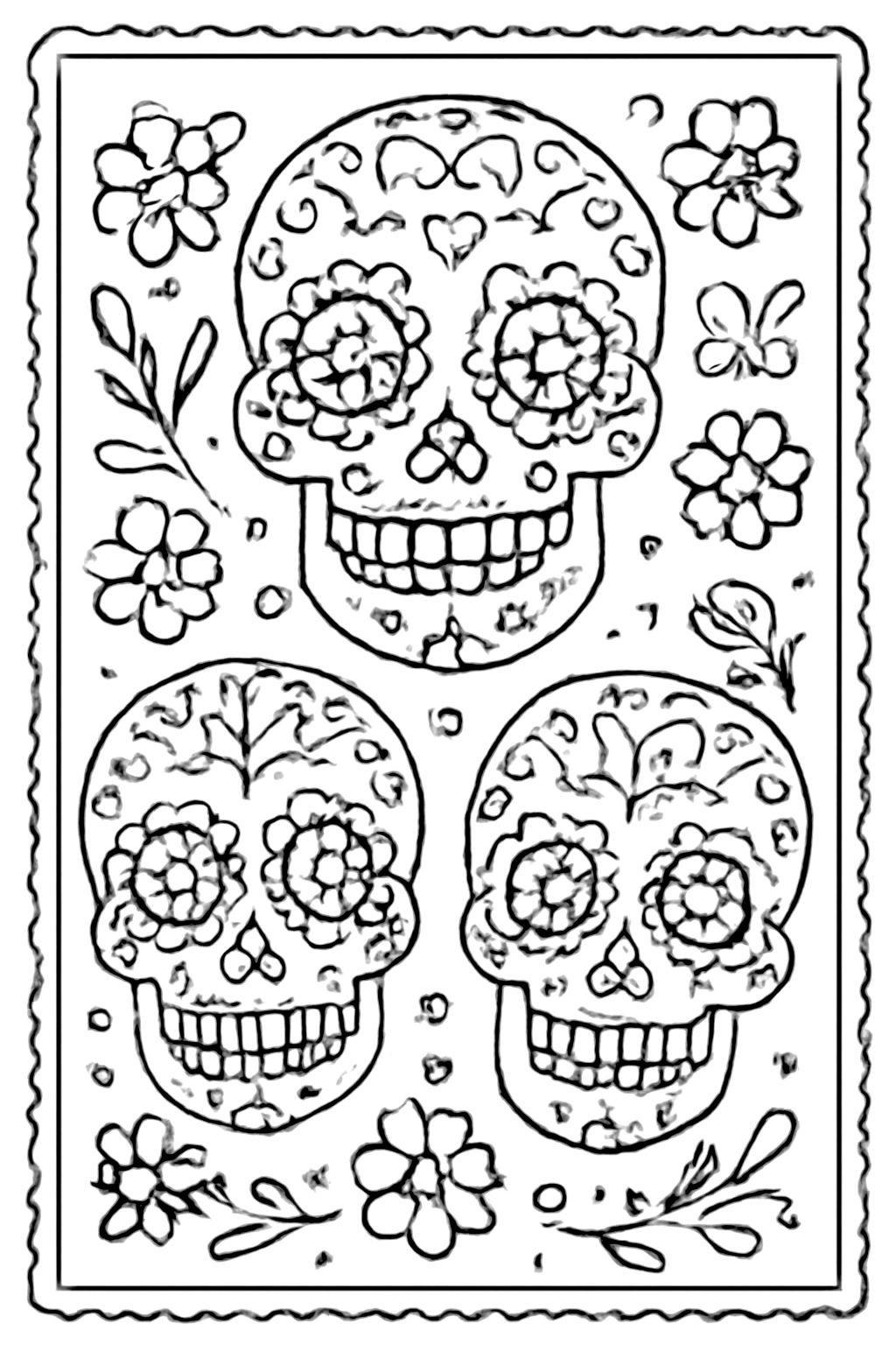 Free printable sugar skulls with flower eyes for Día de los Muertos coloring page for kids