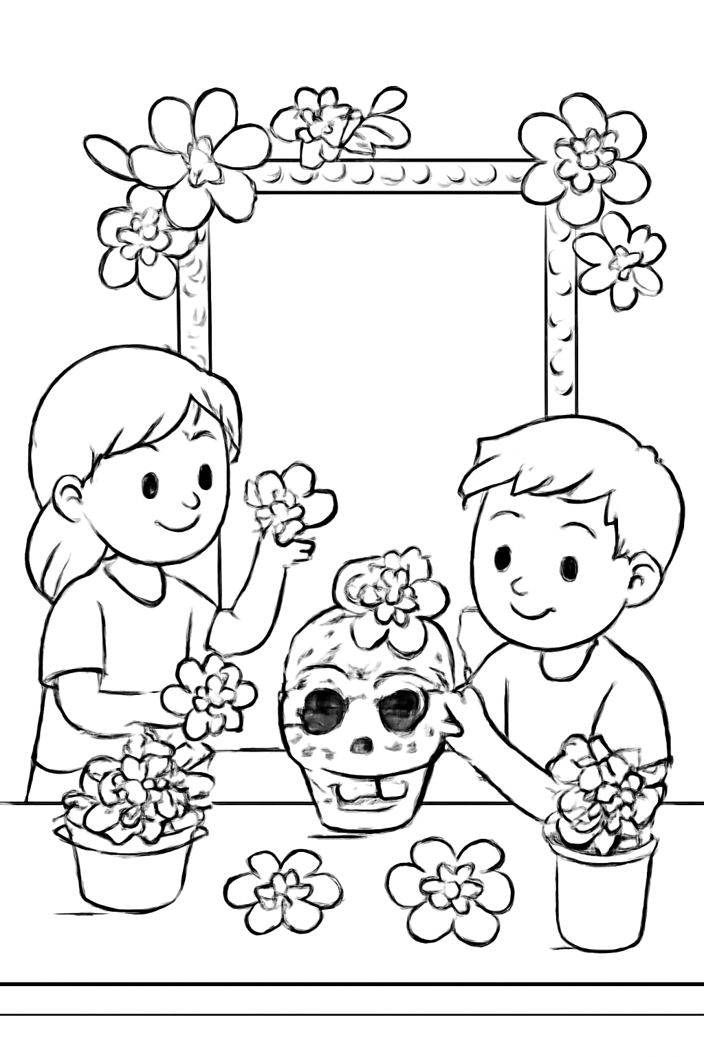 Free printable children decorating frames with flowers for Día de los Muertos coloring page for kids