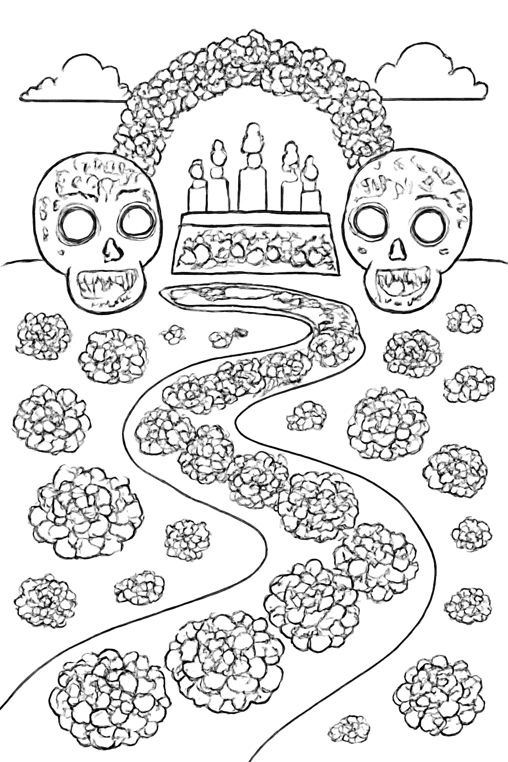 Free printable marigold petal path for Día de los Muertos coloring page for kids