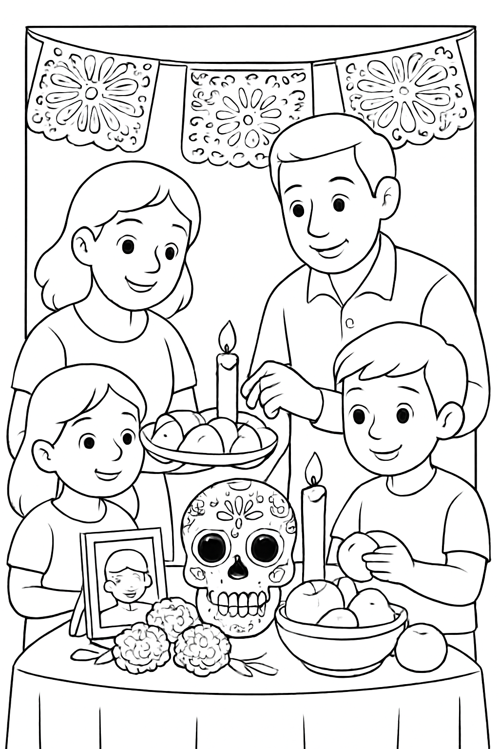 Free printable family preparing an ofrenda together for Día de los Muertos coloring page for kids