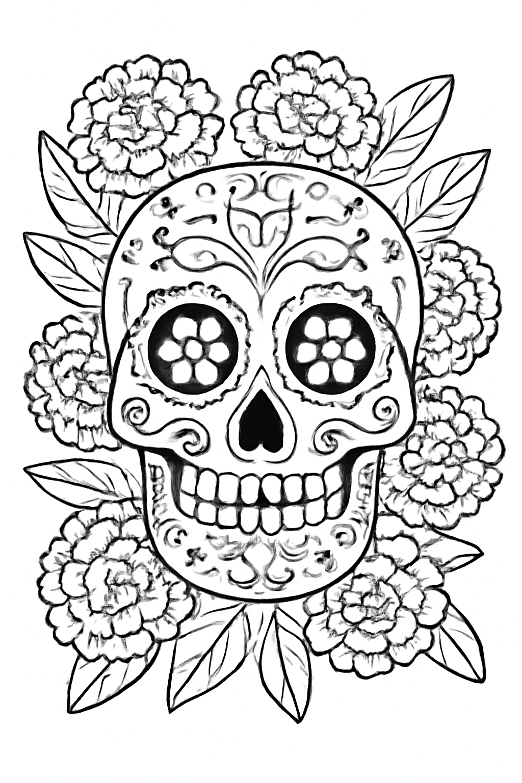 Free printable decorative friendly sugar skull surrounded by marigolds for Día de los Muertos coloring page
