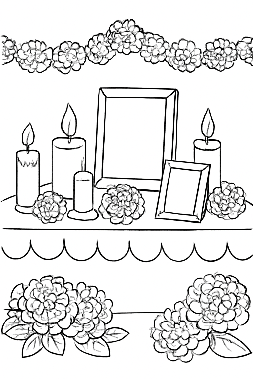 Free printable Día de los Muertos candle table with photo frames coloring page for kids