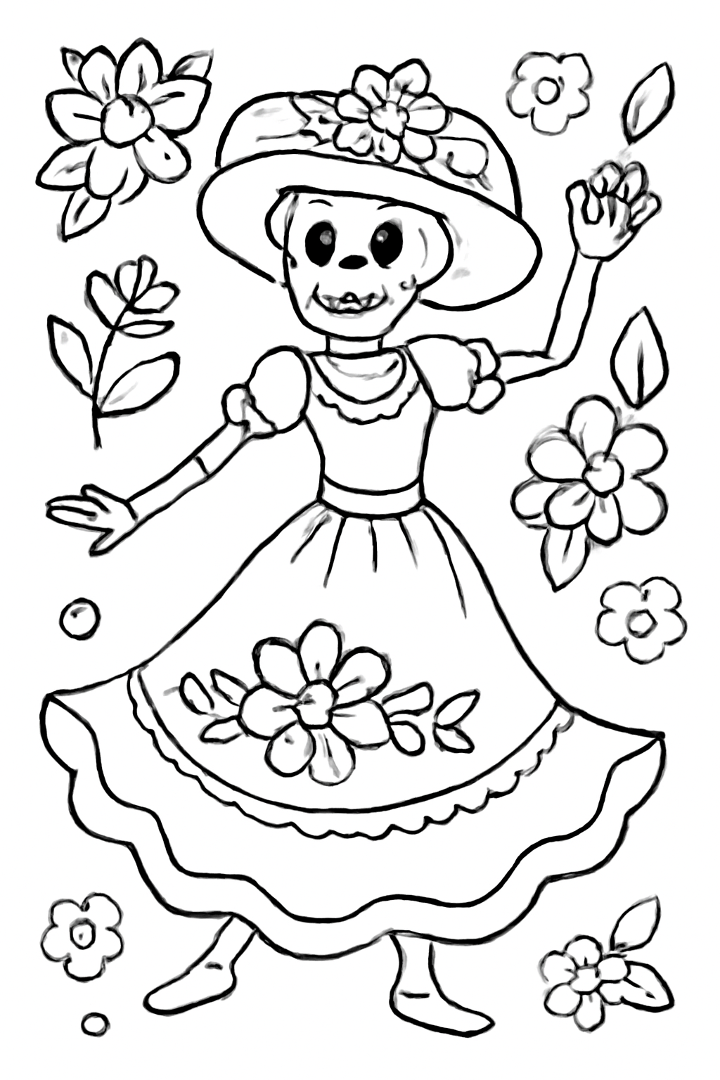 Free printable dancing catrina dress with flowers for Día de los Muertos coloring page for kids