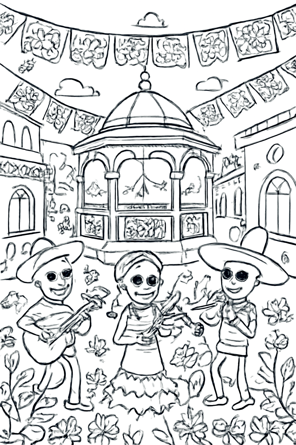 Free printable Día de los Muertos plaza with music and flowers coloring page for kids
