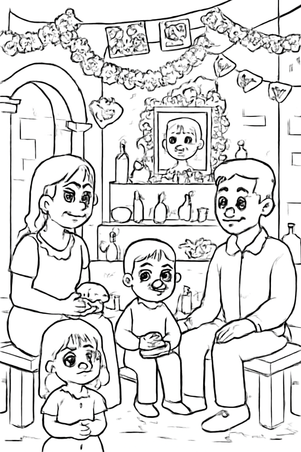 Free printable family gathering in a candlelit courtyard for Día de los Muertos coloring page for kids