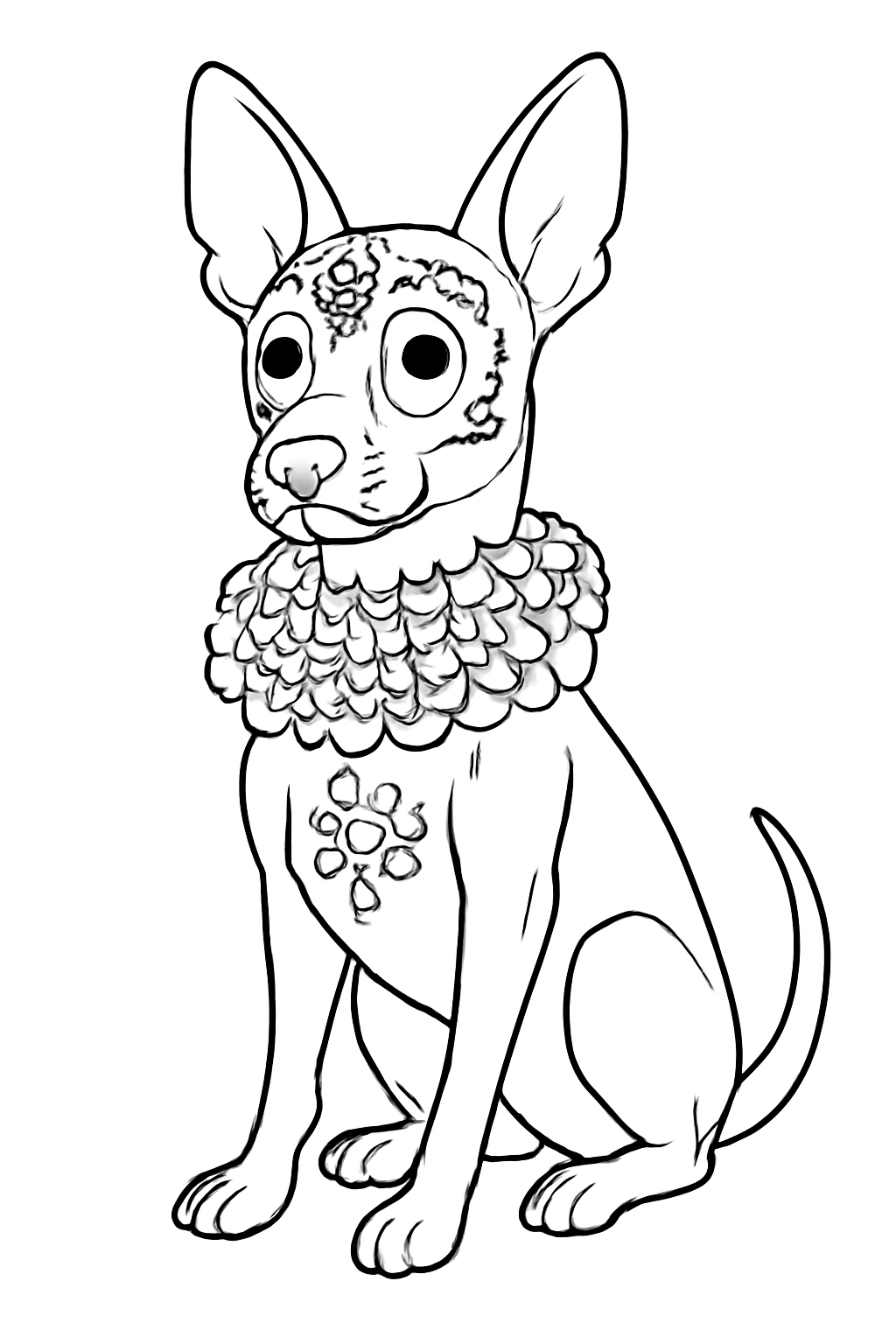 Free printable xolo dog with a marigold collar for Día de los Muertos coloring page for kids