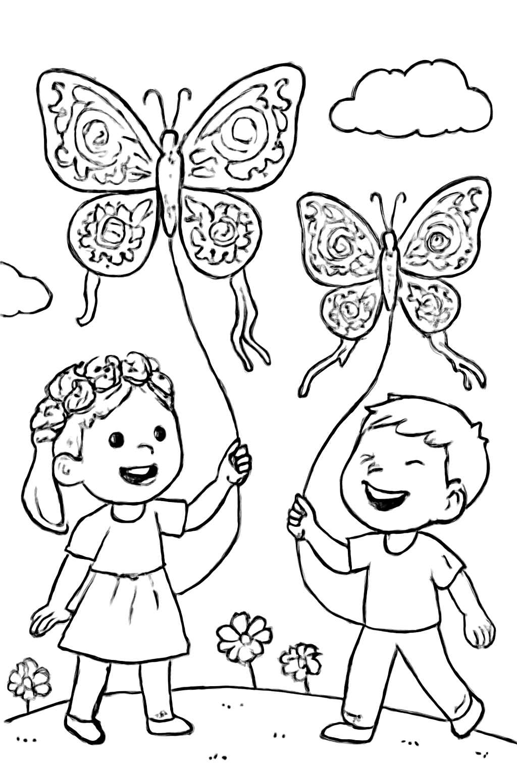 Free printable children flying butterfly kites for Día de los Muertos coloring page for kids