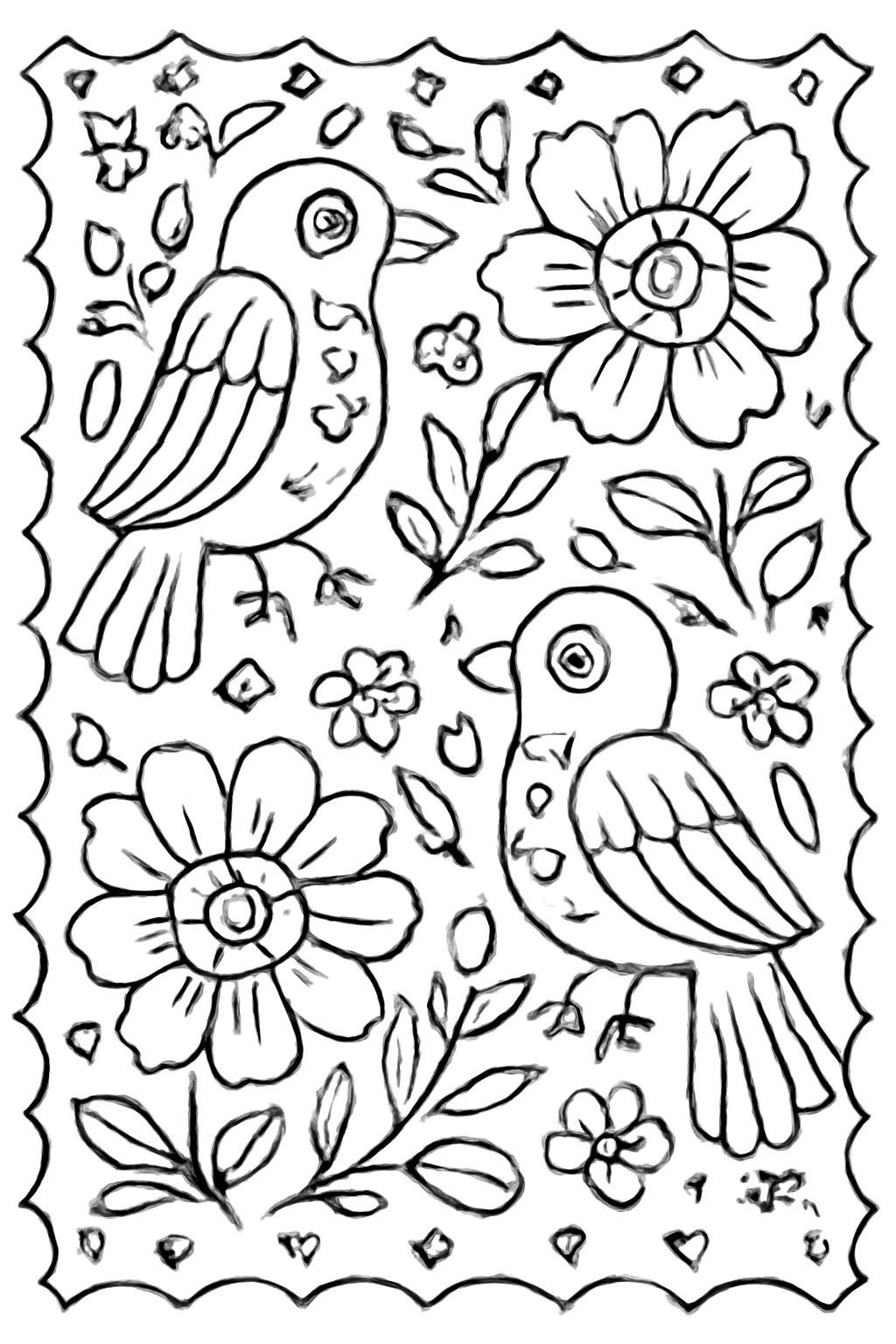 Free printable Día de los Muertos papel picado patterns of birds and flowers coloring page for kids