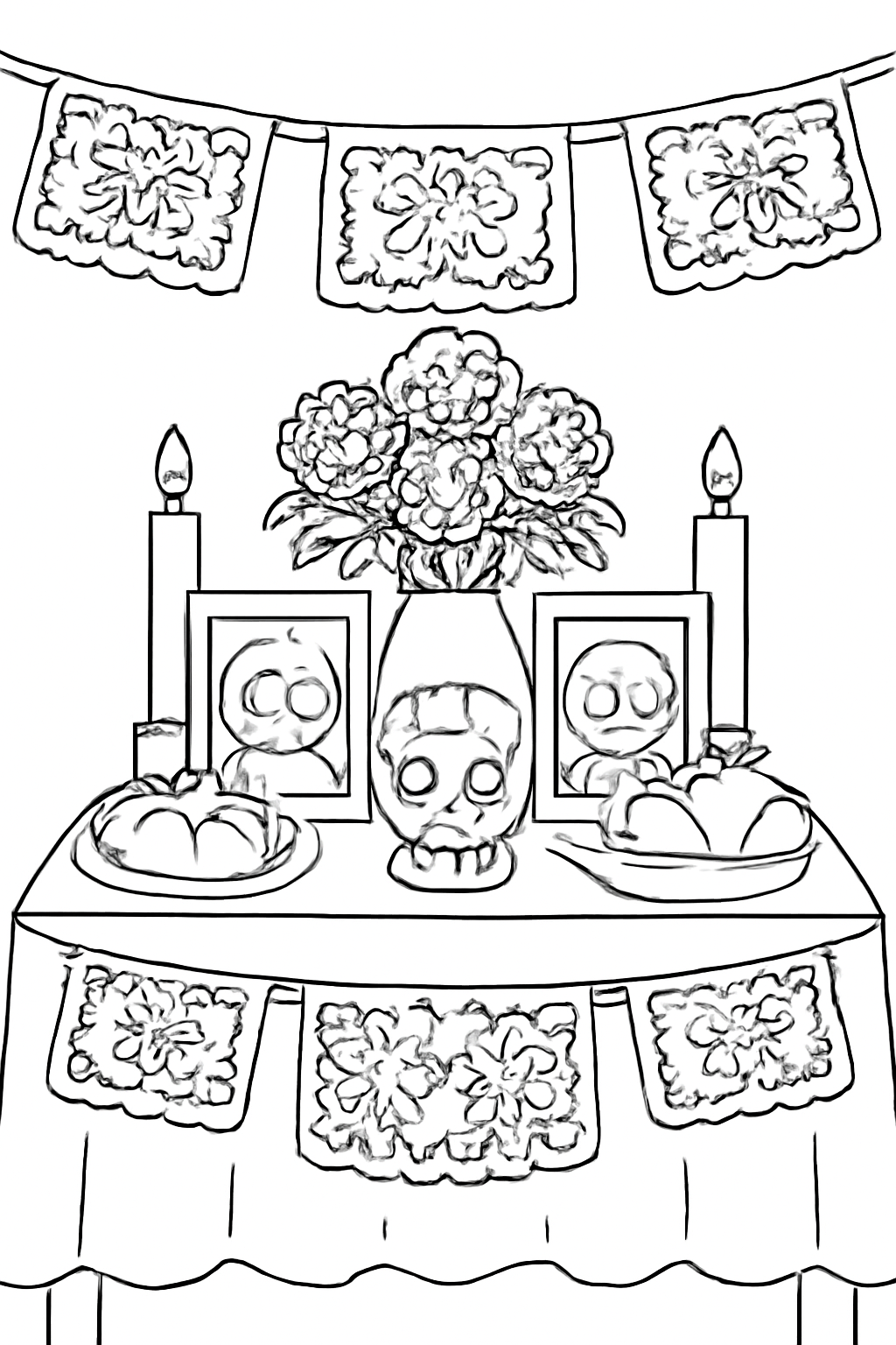 Free printable Día de los Muertos ofrenda with marigolds candles photos frames and papel picado coloring page