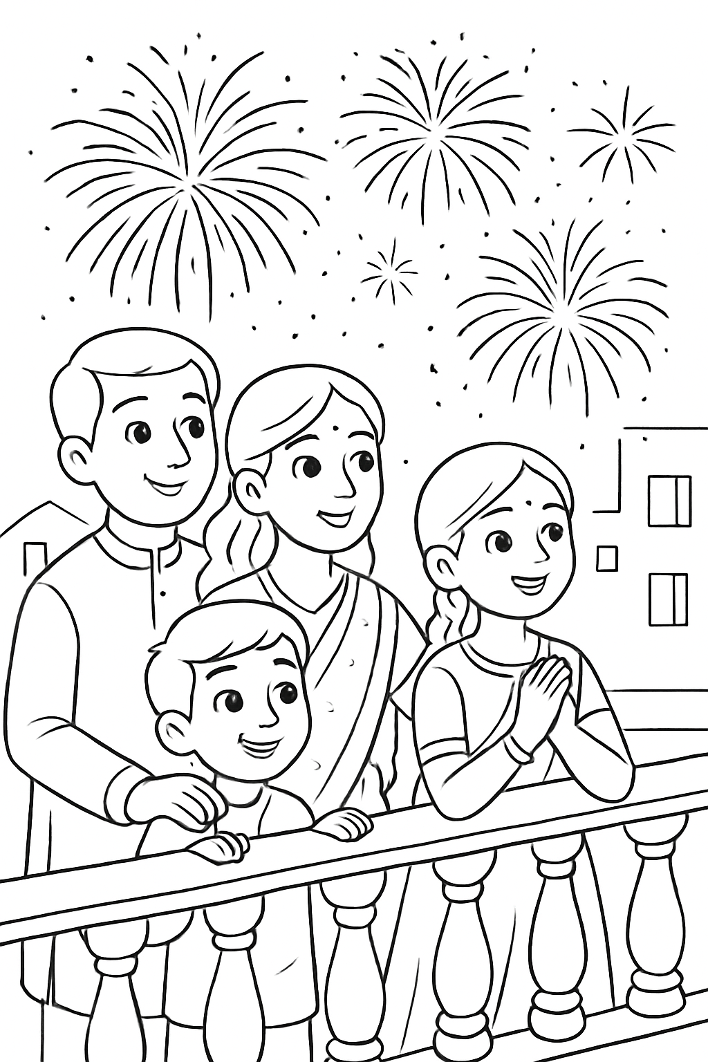 Free printable family on a balcony watching Diwali fireworks coloring page for kids