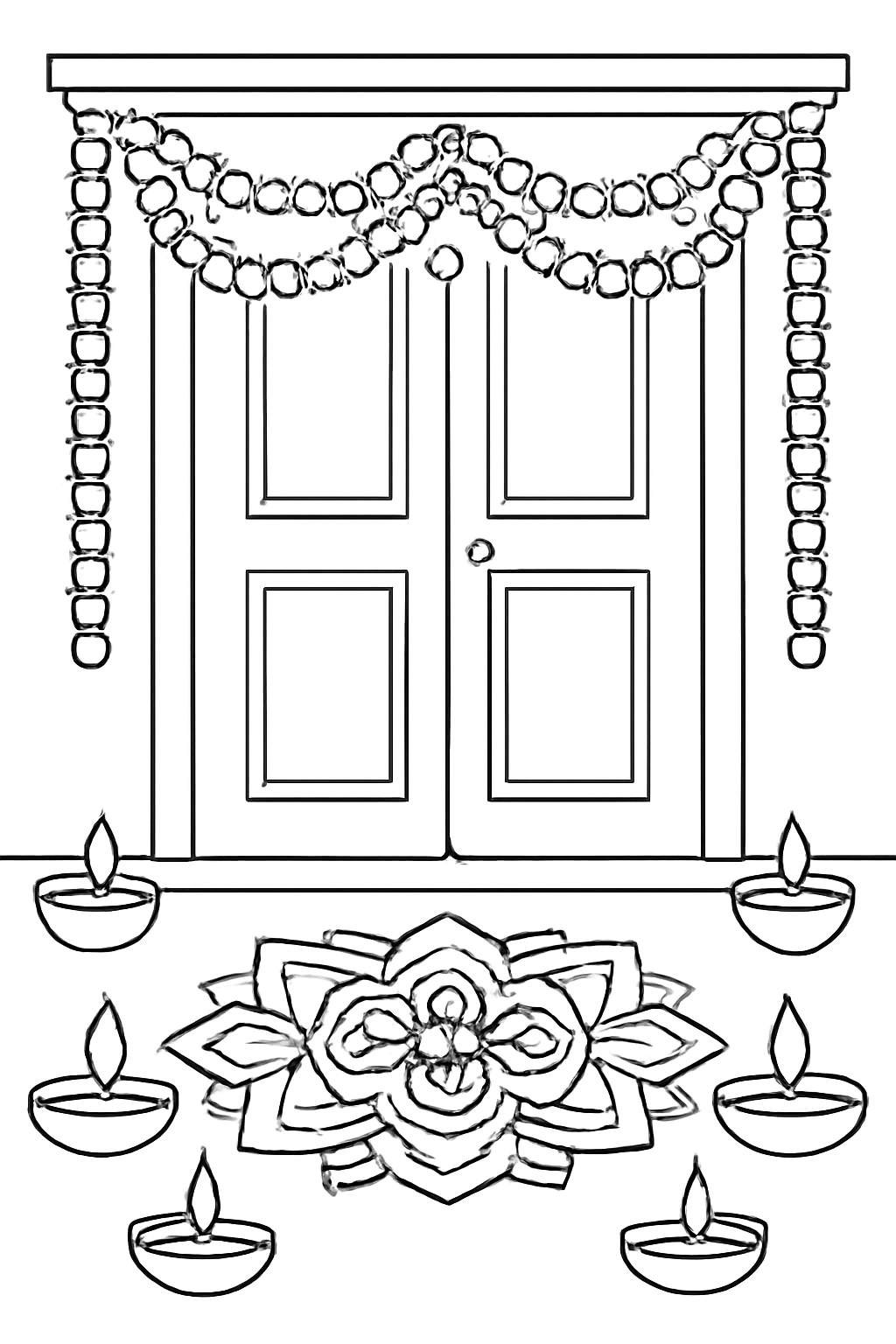 Free printable Diwali doorway decorated with diyas marigold garlands and rangoli coloring page