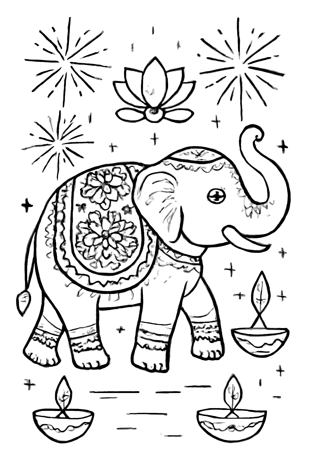 Free printable elephant decorated with festive patterns for Diwali coloring page for kids