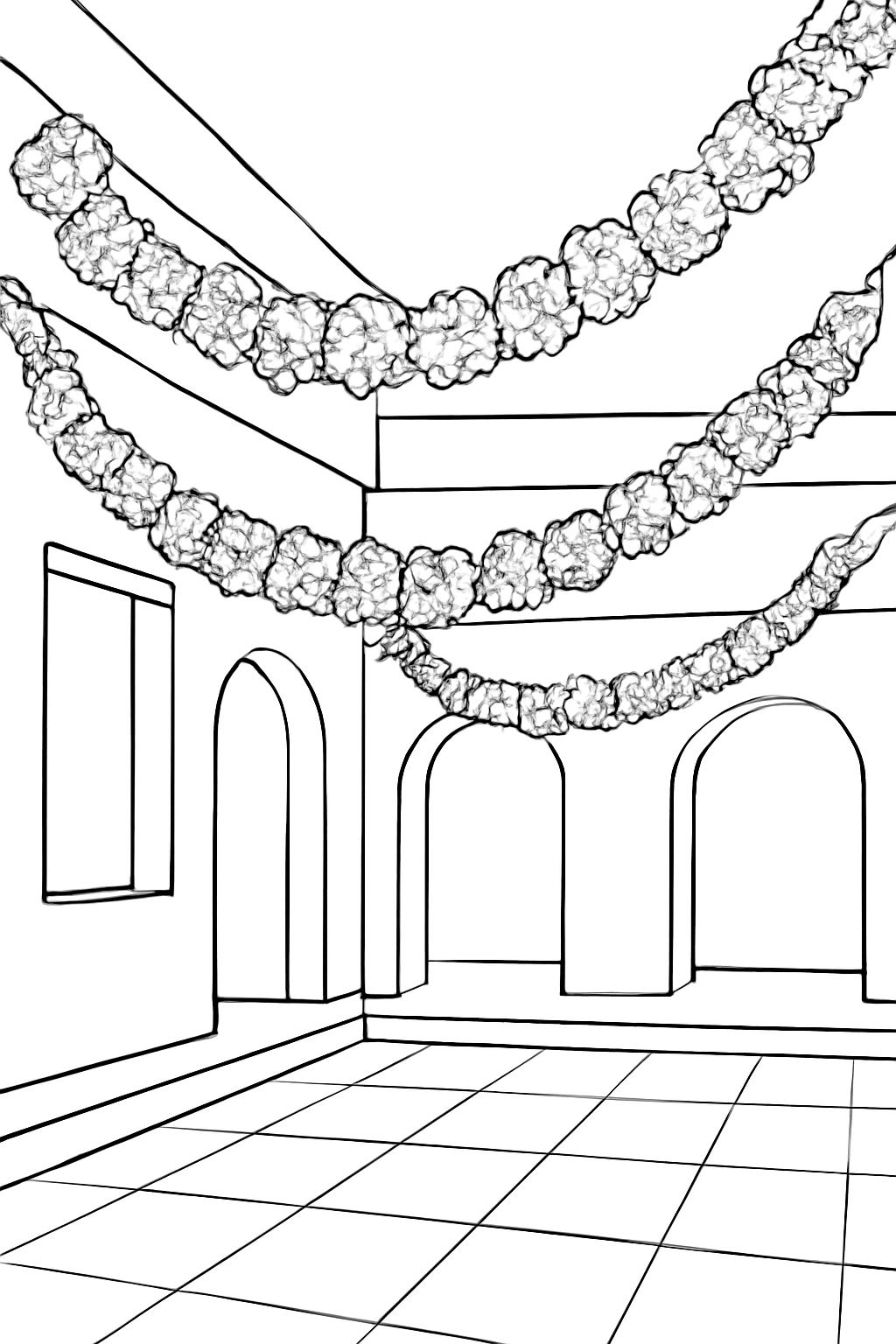 Free printable Diwali marigold garlands strung across a courtyard coloring page for kids