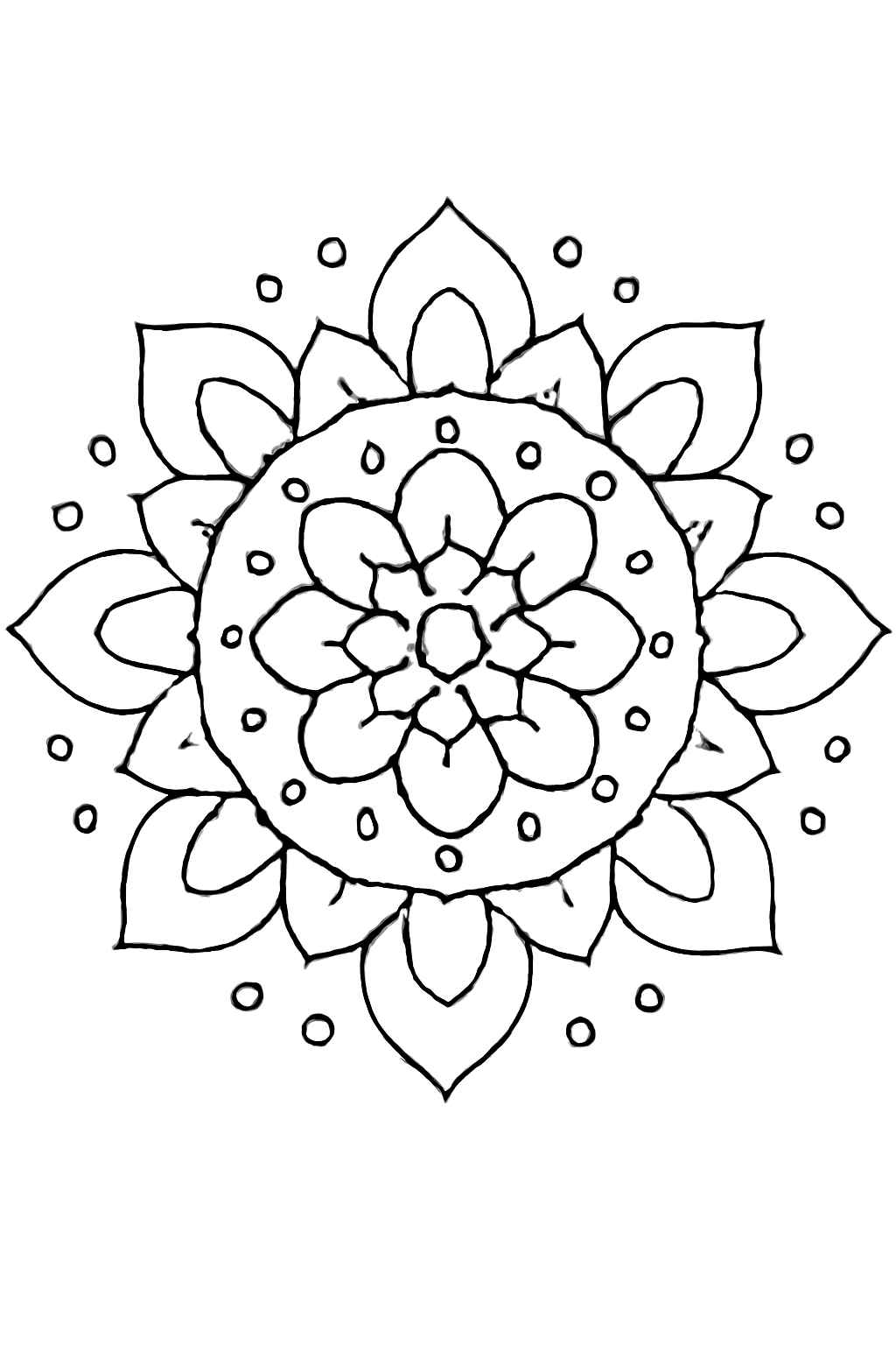 Free printable Diwali rangoli of concentric flowers and dots coloring page for kids