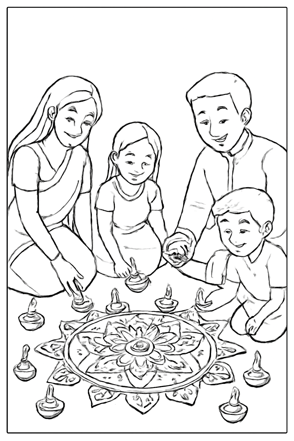 Free printable family arranging diyas around a detailed rangoli for Diwali coloring page