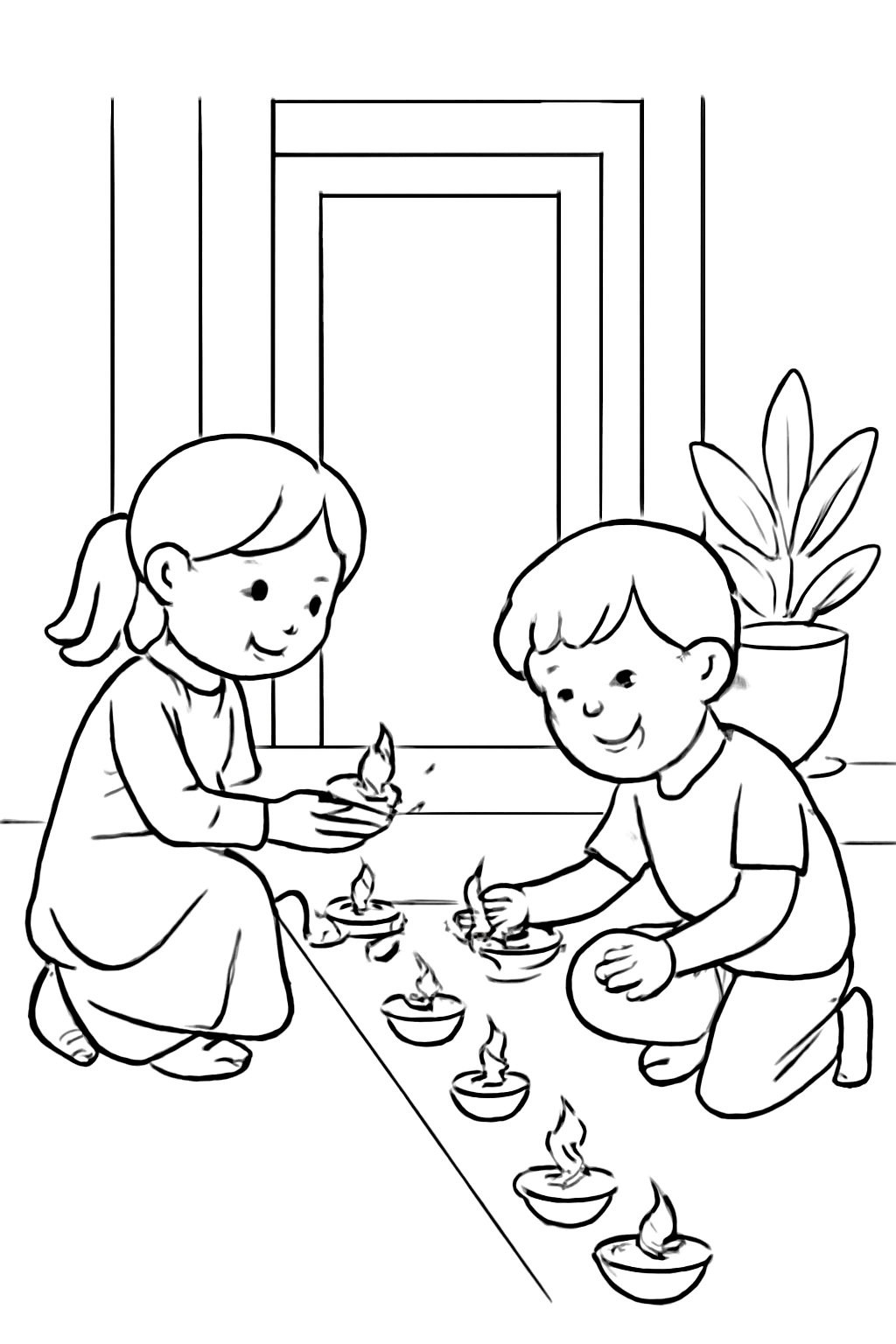 Free printable children lighting diyas along a doorstep for Diwali coloring page for kids