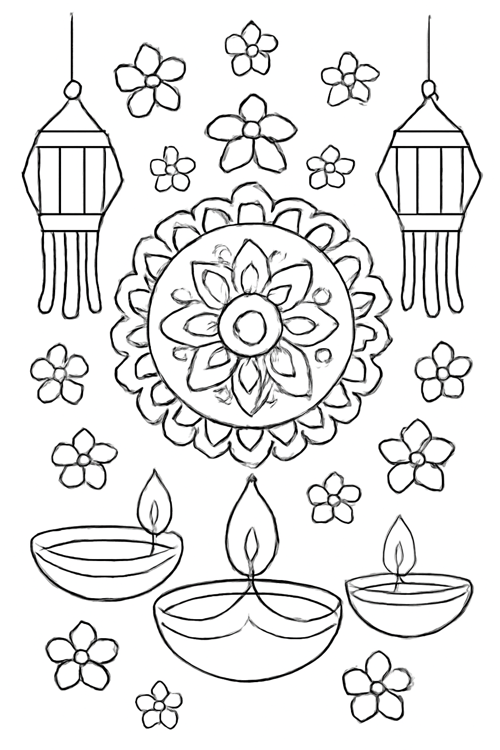 Free printable Diwali diyas rangoli flowers and lanterns coloring page