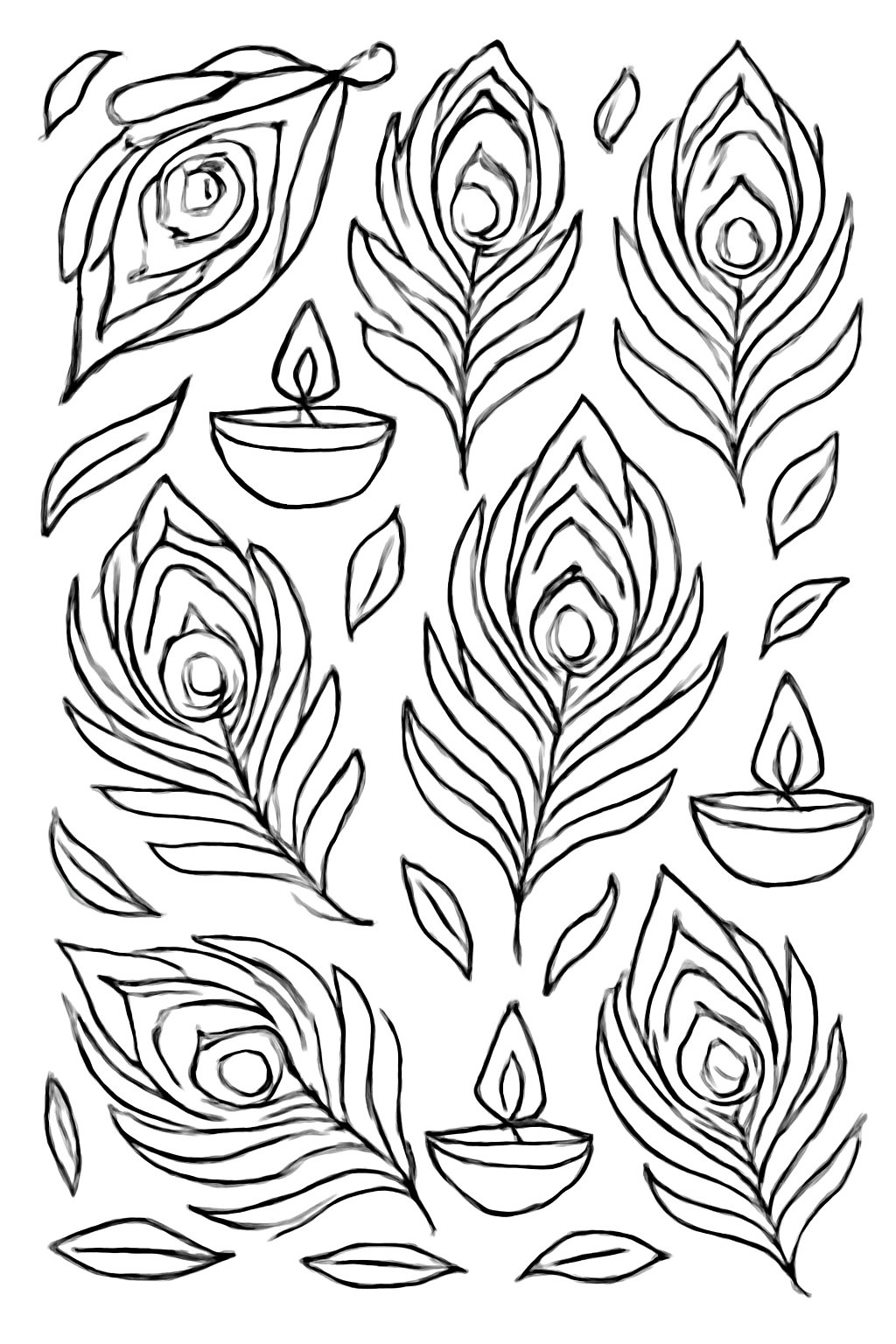 Free printable peacock feathers and diyas pattern for Diwali coloring page for kids