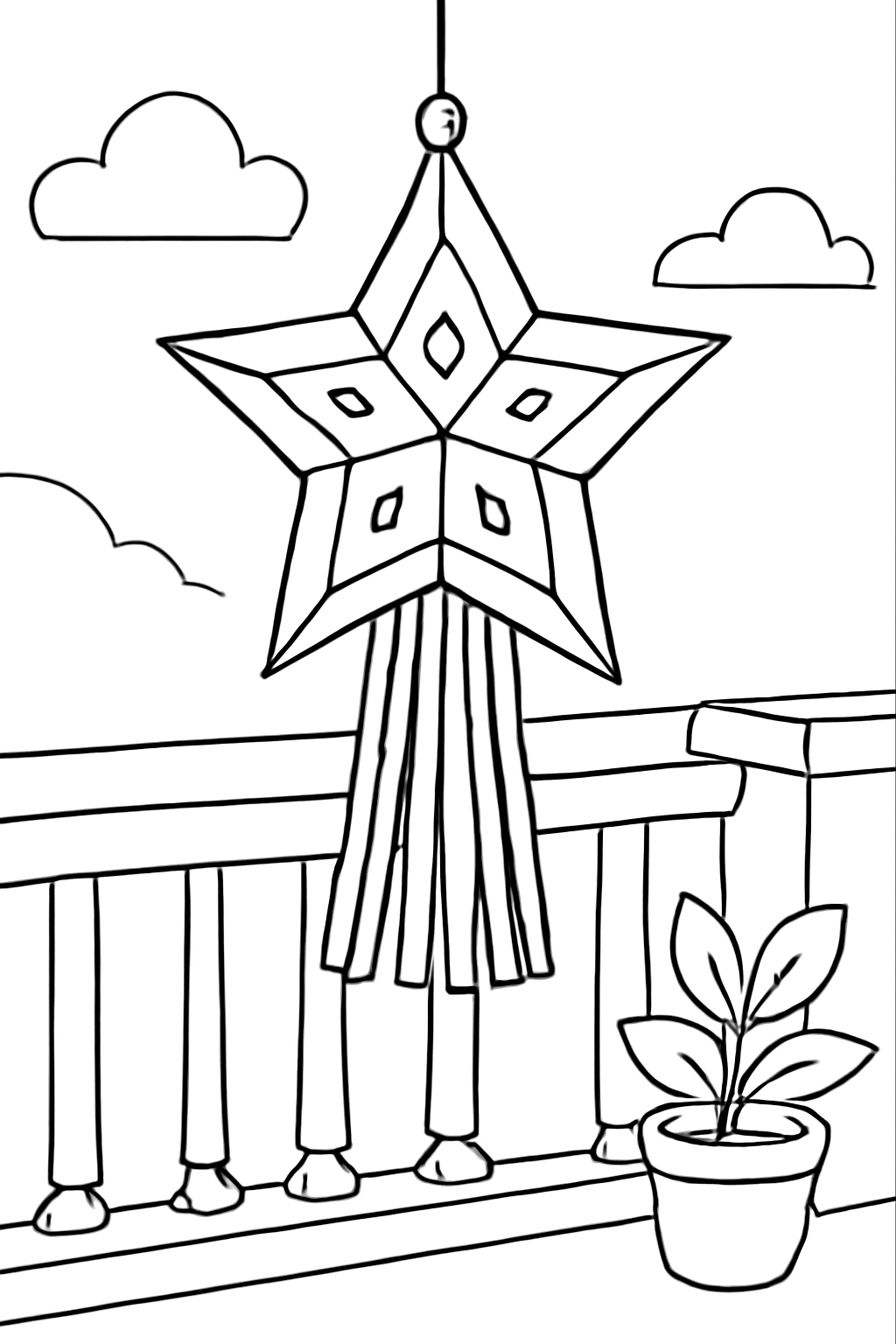 Free printable Diwali kandil paper star hanging on a balcony coloring page for kids