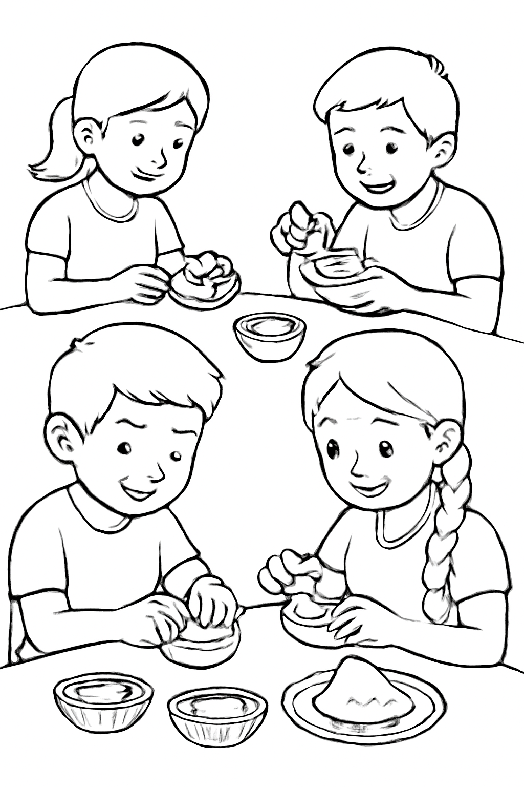 Free printable children shaping clay diyas for Diwali coloring page for kids
