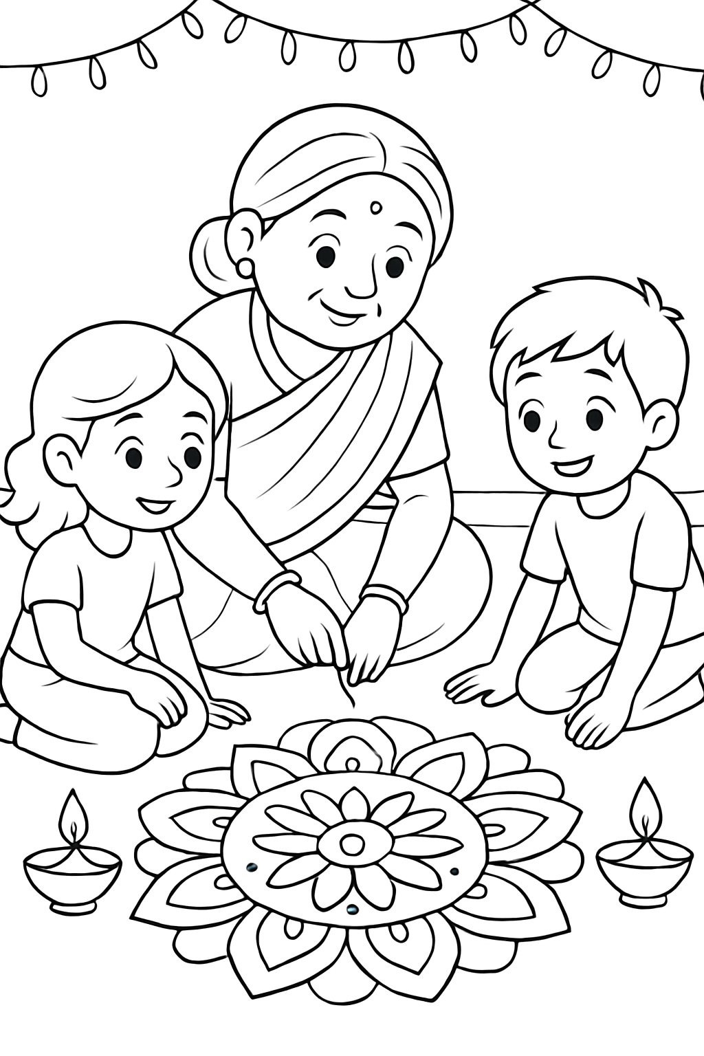 Free printable grandmother drawing rangoli with children for Diwali coloring page for kids