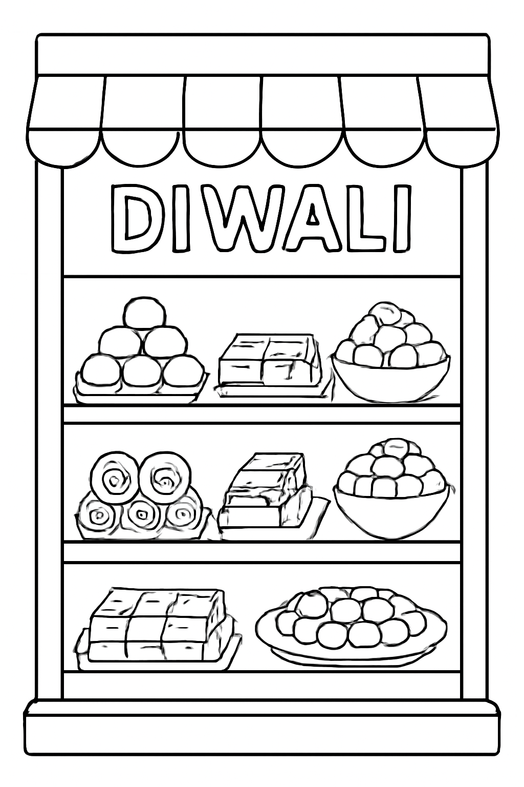 Free printable Diwali mithai shop window full of sweets coloring page for kids