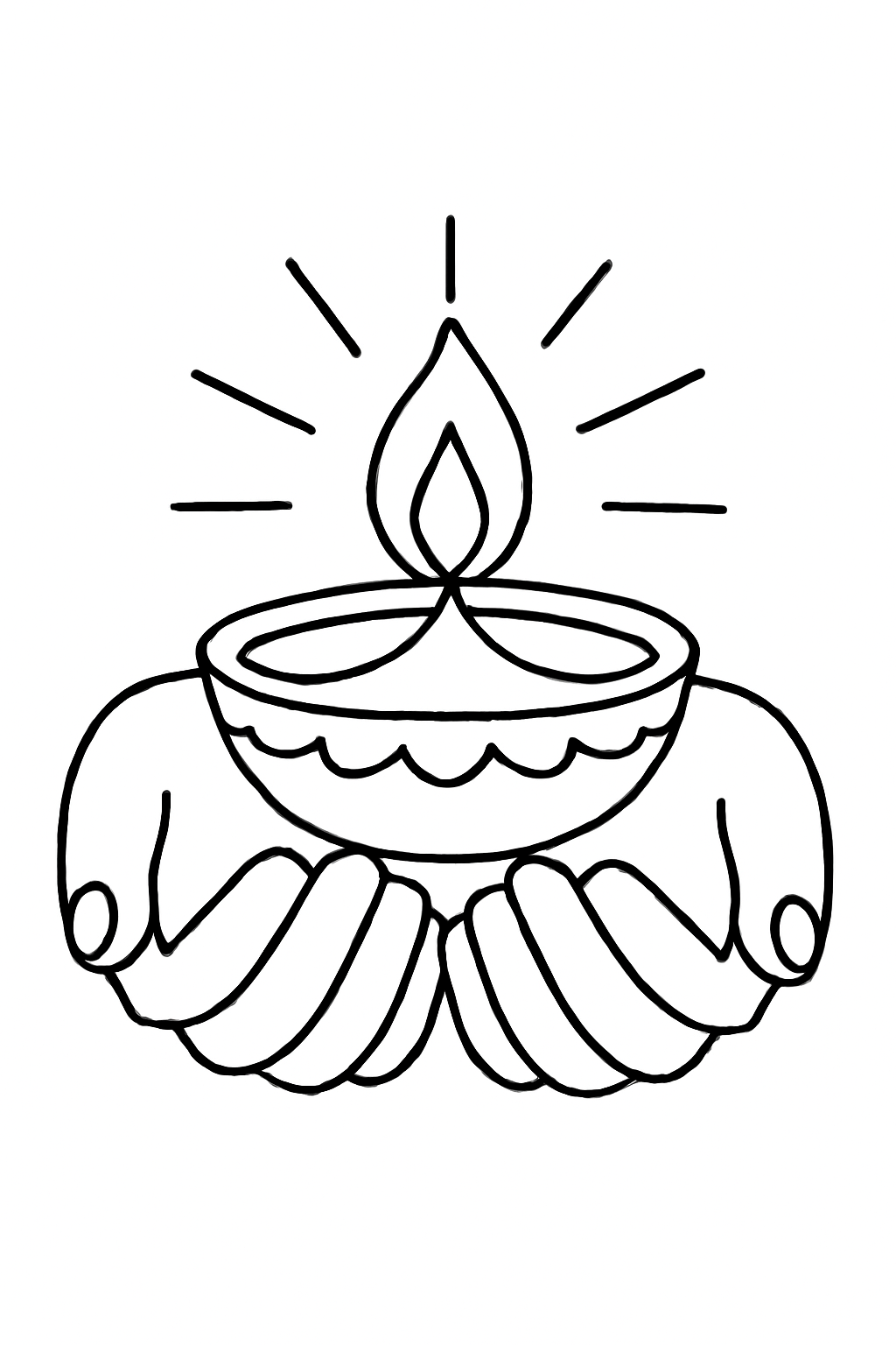 Free printable hands holding a glowing diya for Diwali coloring page for kids