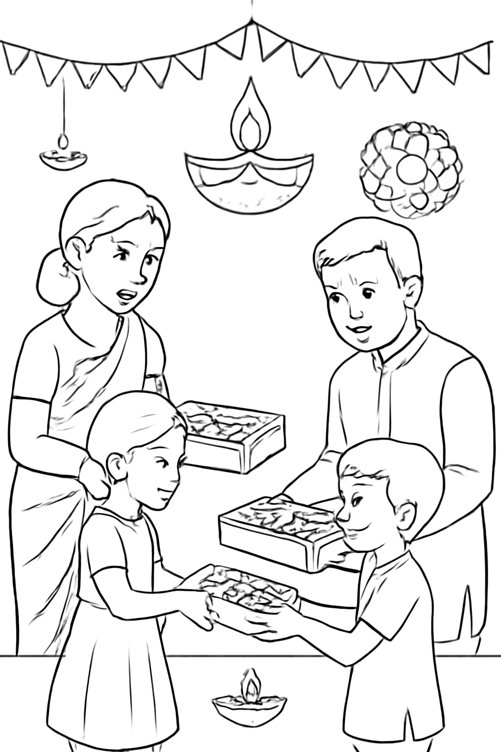 Free printable family exchanging boxes of sweets on Diwali coloring page for kids