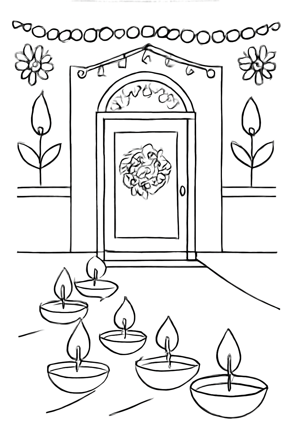 Free printable row of diyas leading to a decorated Diwali door coloring page for kids