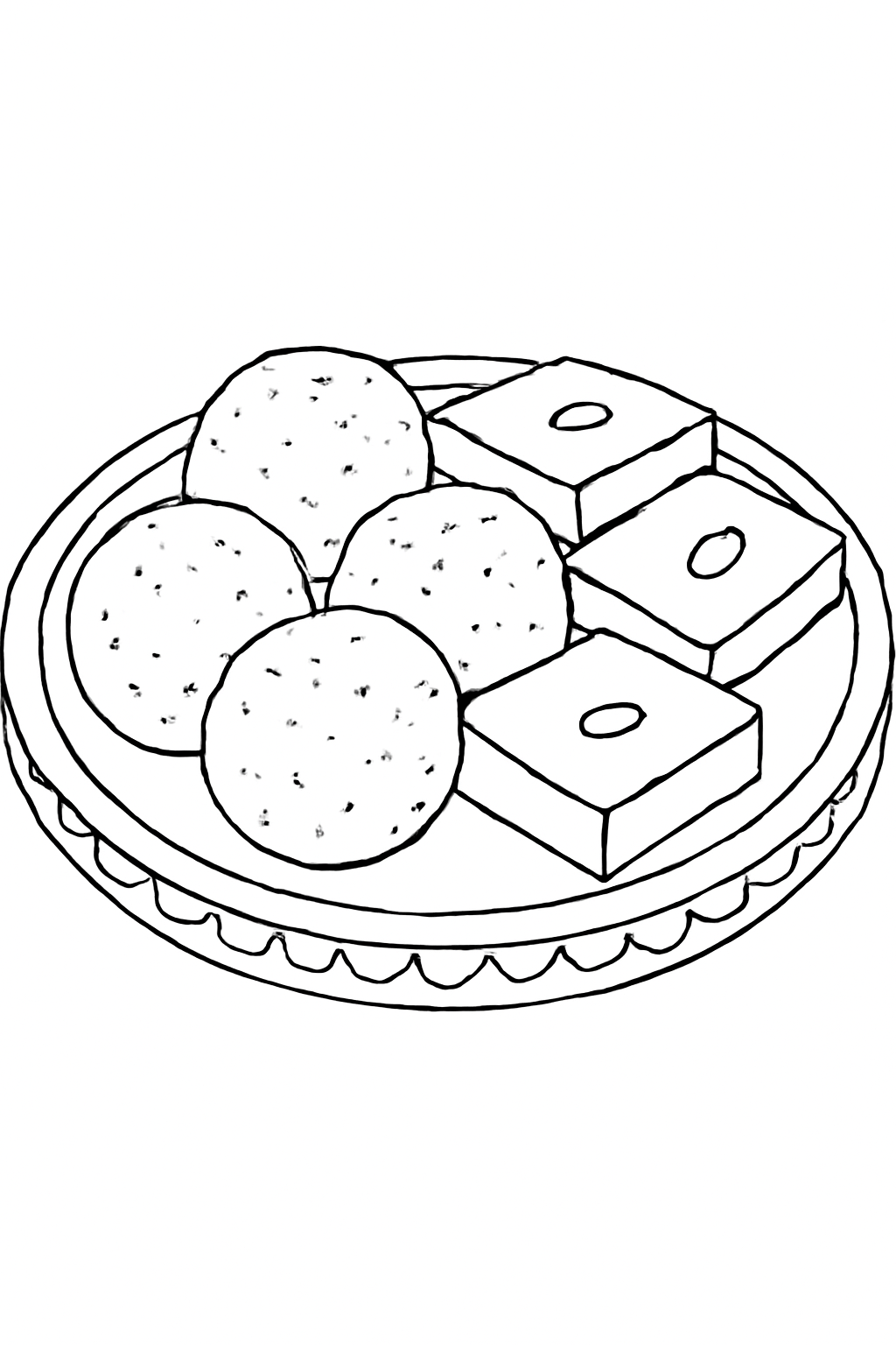 Free printable Diwali sweets platter with laddoos and barfi coloring page for kids