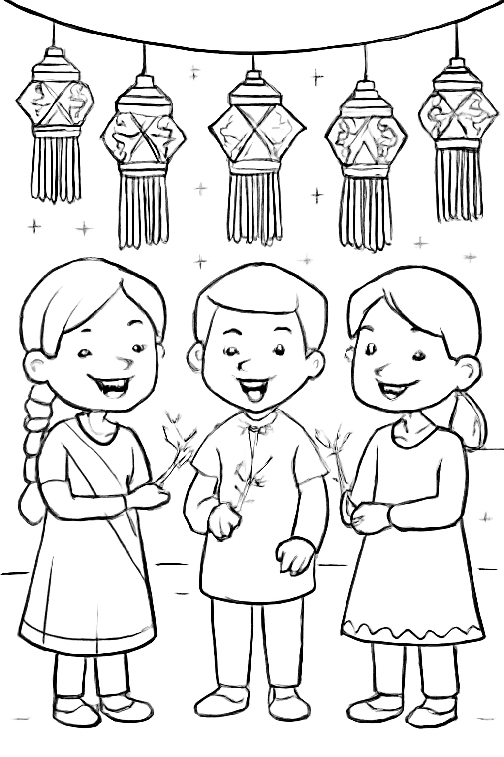 Free printable children holding safe Diwali sparklers beneath lanterns coloring page