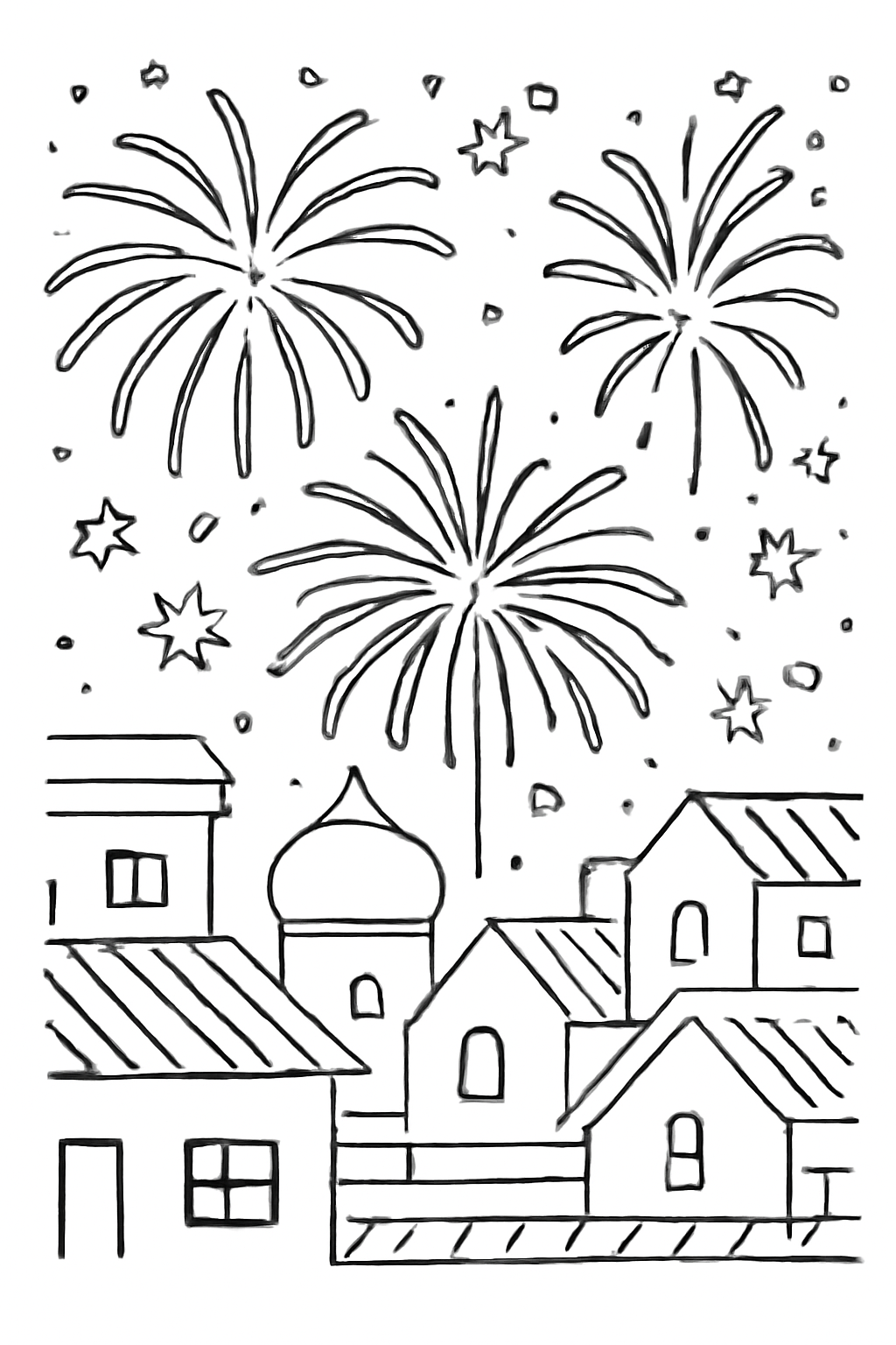 Free printable Diwali fireworks blooming over rooftops coloring page for kids