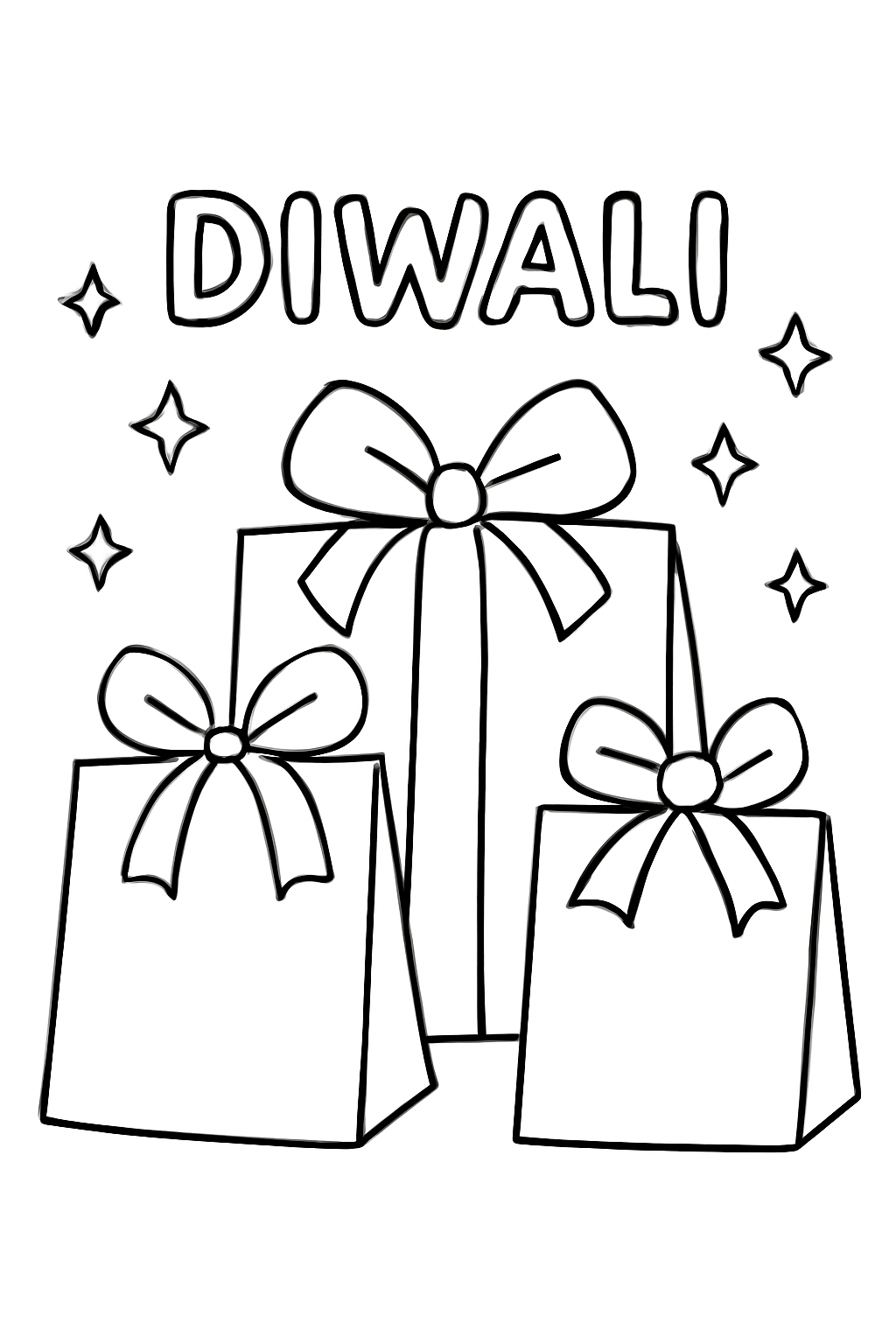 Free printable Diwali gift bags with bows and sparkles coloring page for kids