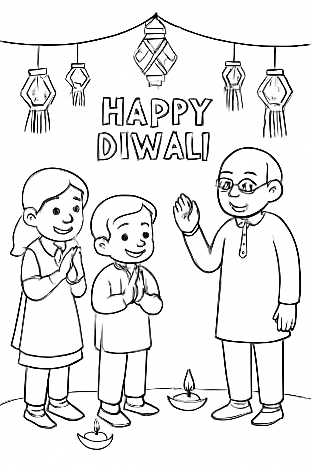 Free printable children in new clothes greeting elders on Diwali coloring page for kids