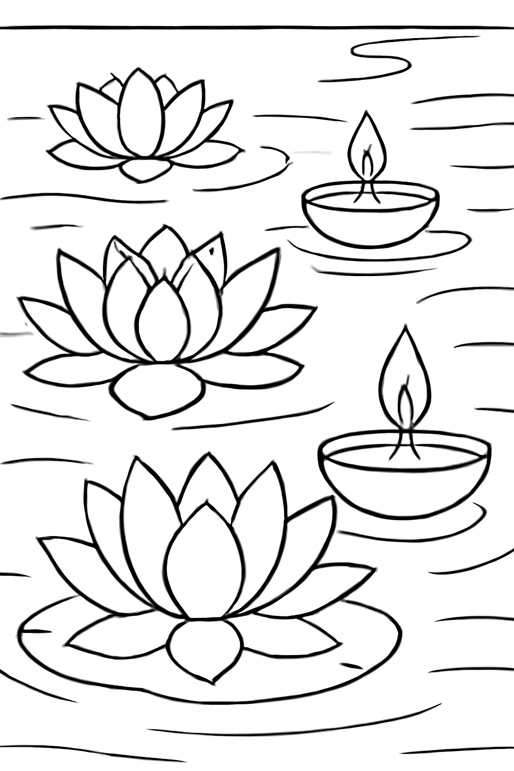 Free printable lotus flowers floating with diyas on water for Diwali coloring page for kids