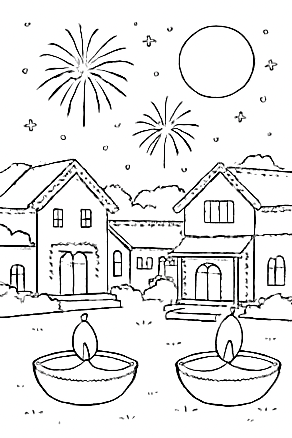 Free printable Diwali night with houses outlined in tiny lights coloring page for kids